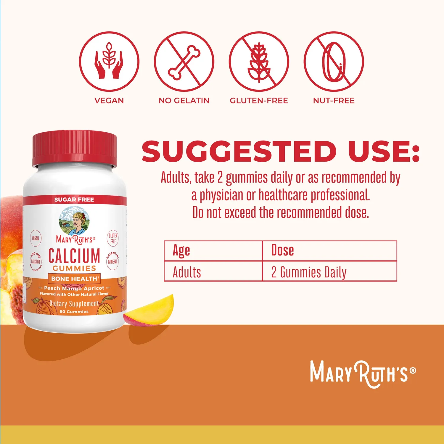 MaryRuth's Calcium gummies fersken mango aprikos sukkerfri
