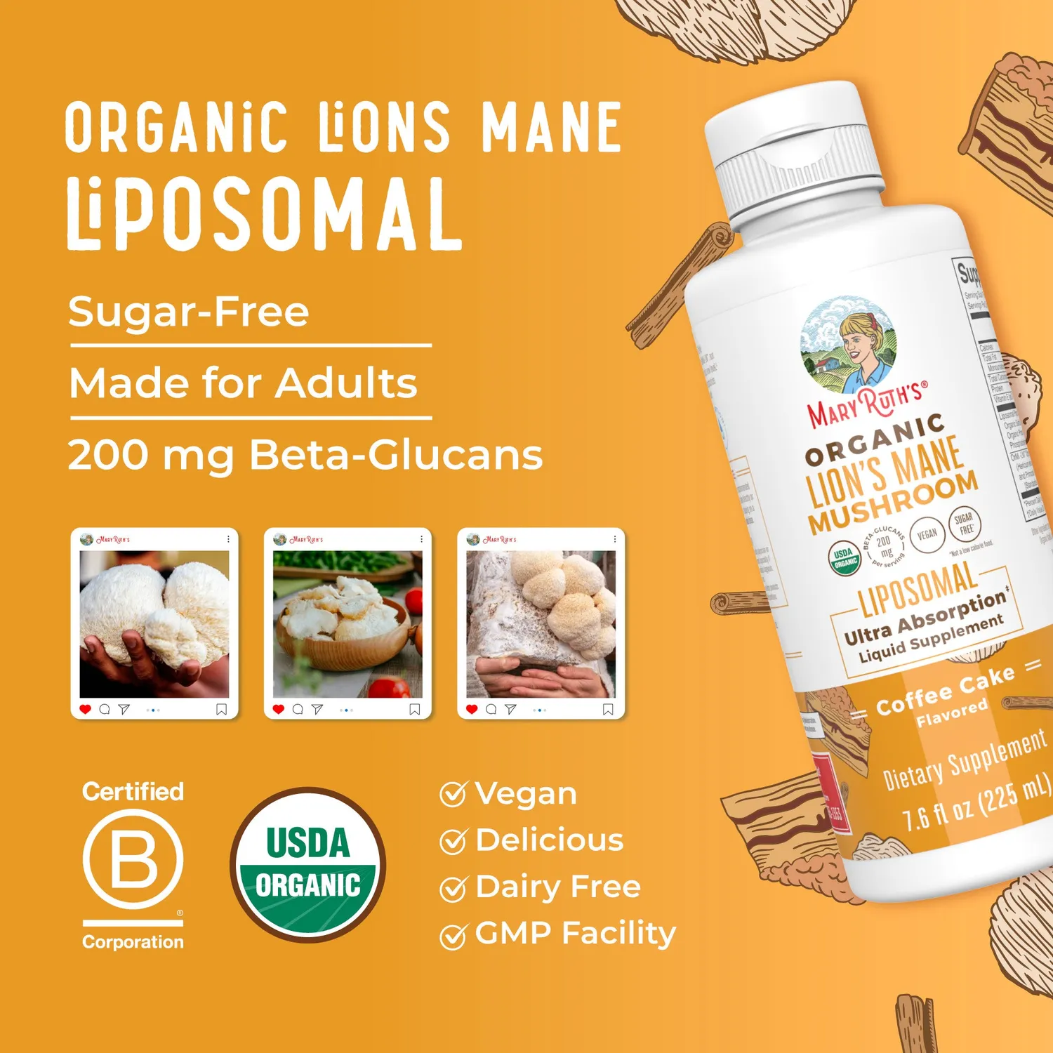 MaryRuth's Organic Lion's Mane Liposomal sopp kaffekake