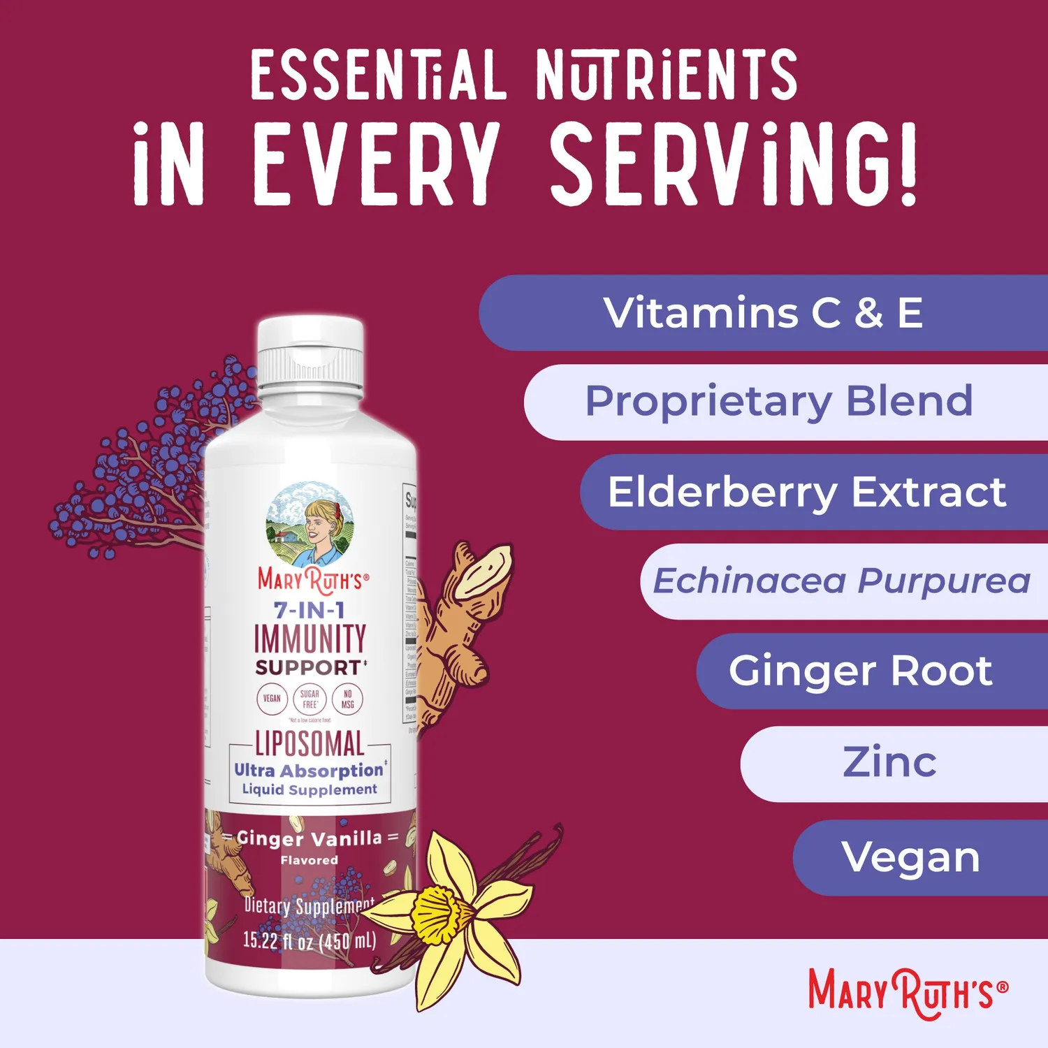 MaryRuth's 7-in-1 Immunity Support liposomal 30 doser med C-vitamin