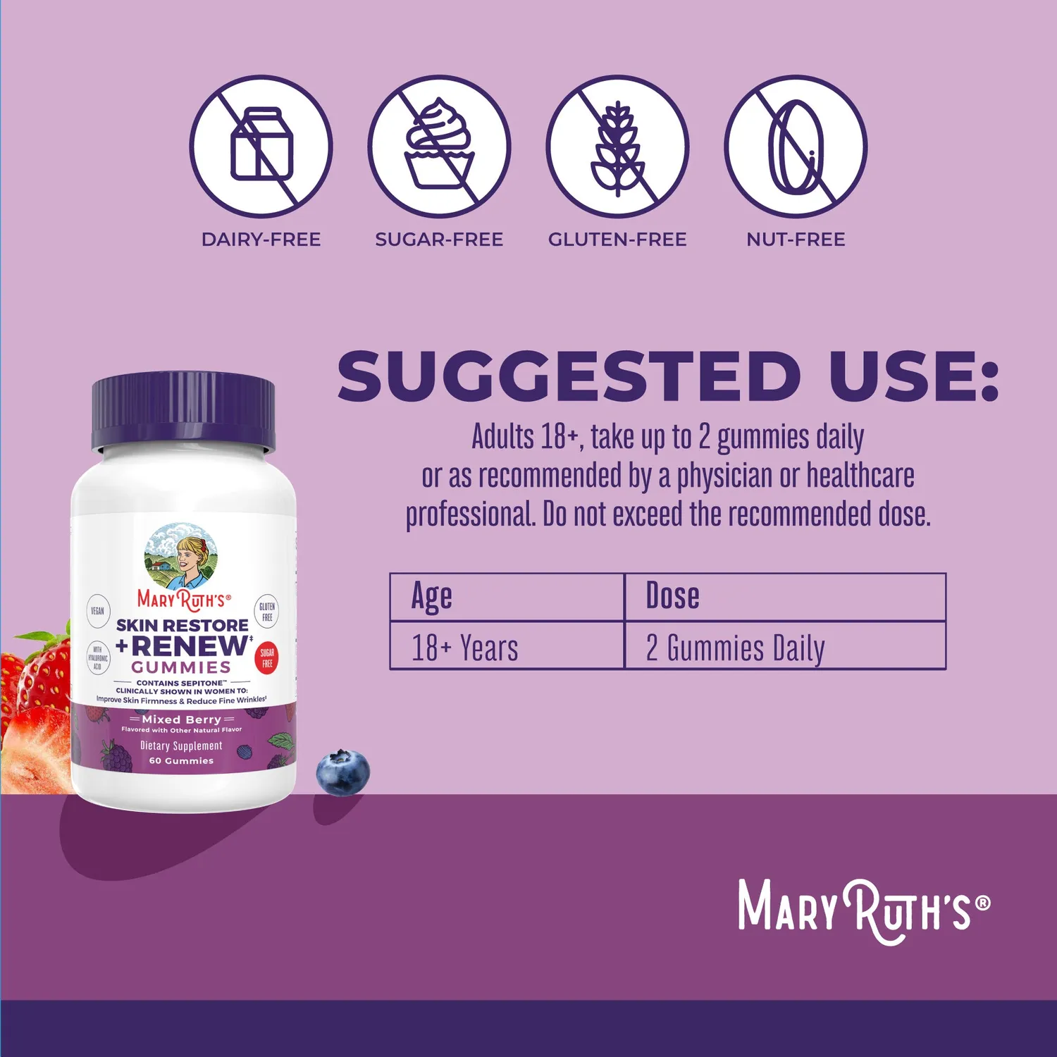 MaryRuth's Skin Restore Renew gummies hud bær hyaluron
