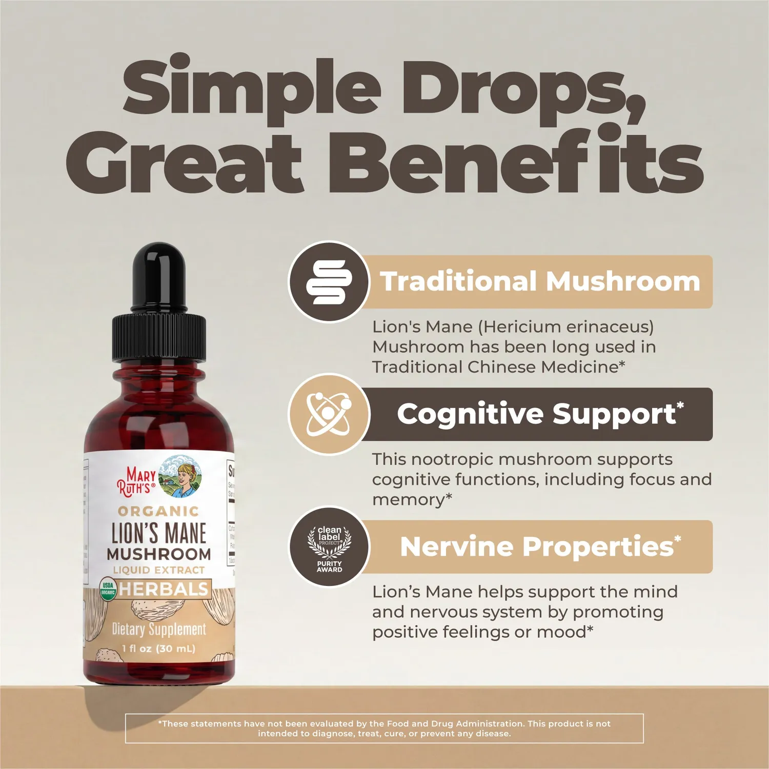 MaryRuth's Organic Lion's Mane Liquid Drops dråper hjernefokus