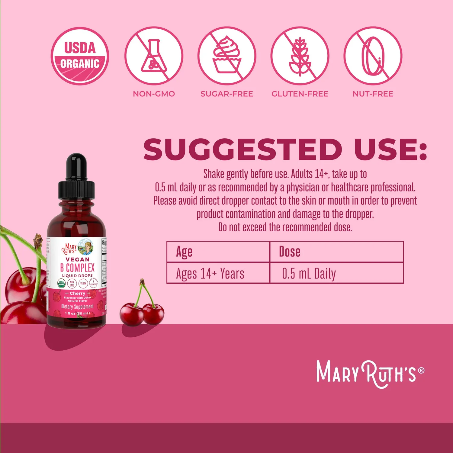 MaryRuth's Vegan B-Complex dråper kirsebær 60 doser B12