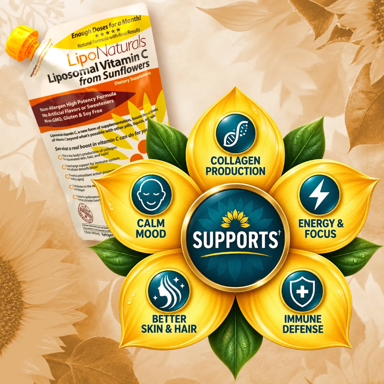 LipoNaturals Liposomal Vitamin C flytende 15oz 30 doser solsikke
