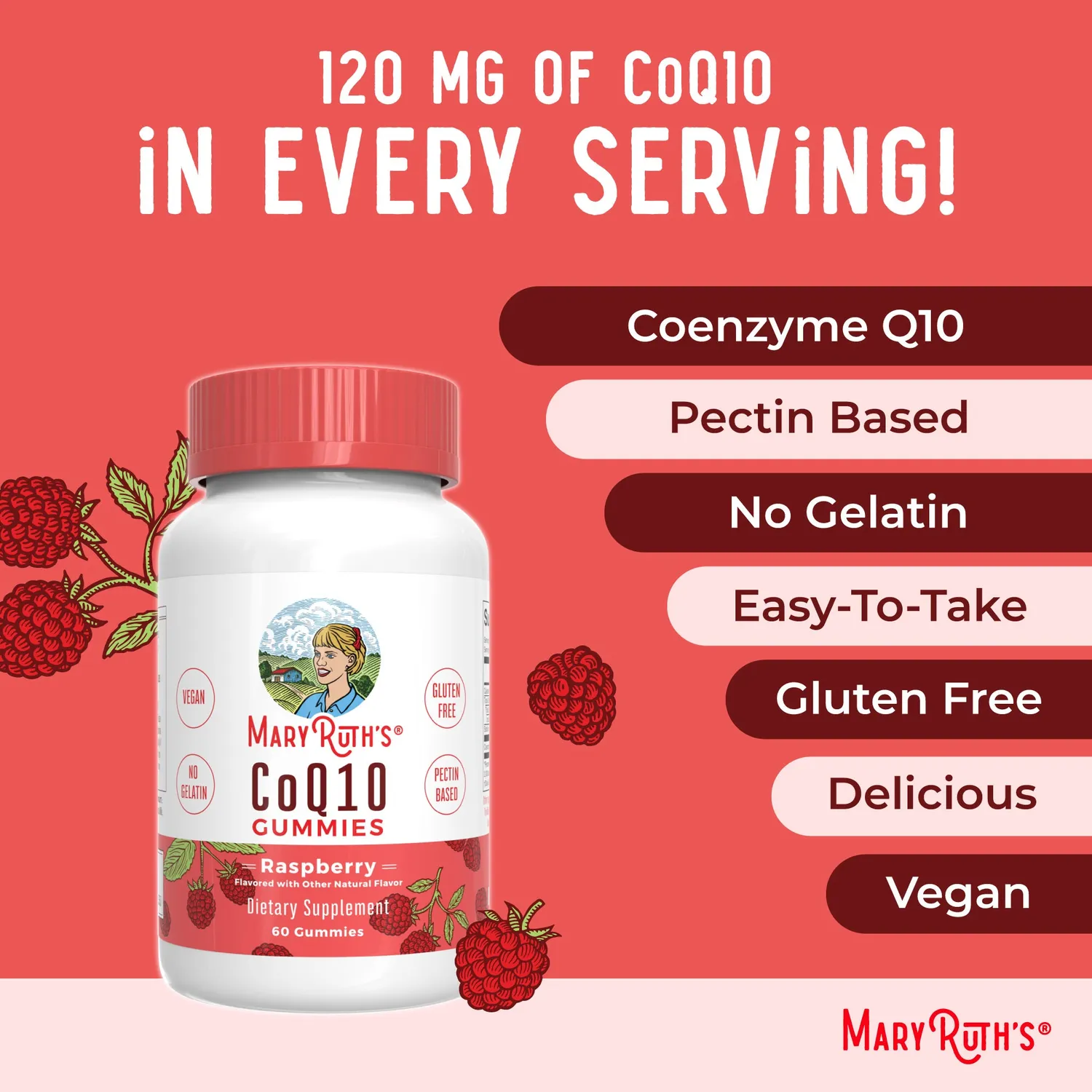 MaryRuth's CoQ10 Gummies bringebær 120 mg hjerte antioksidant