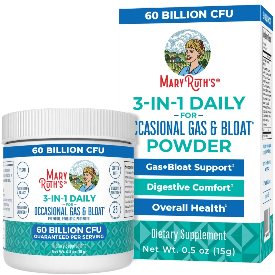 MaryRuth's 3-in-1 Gas & Bloat pulver uten smak 60 mrd