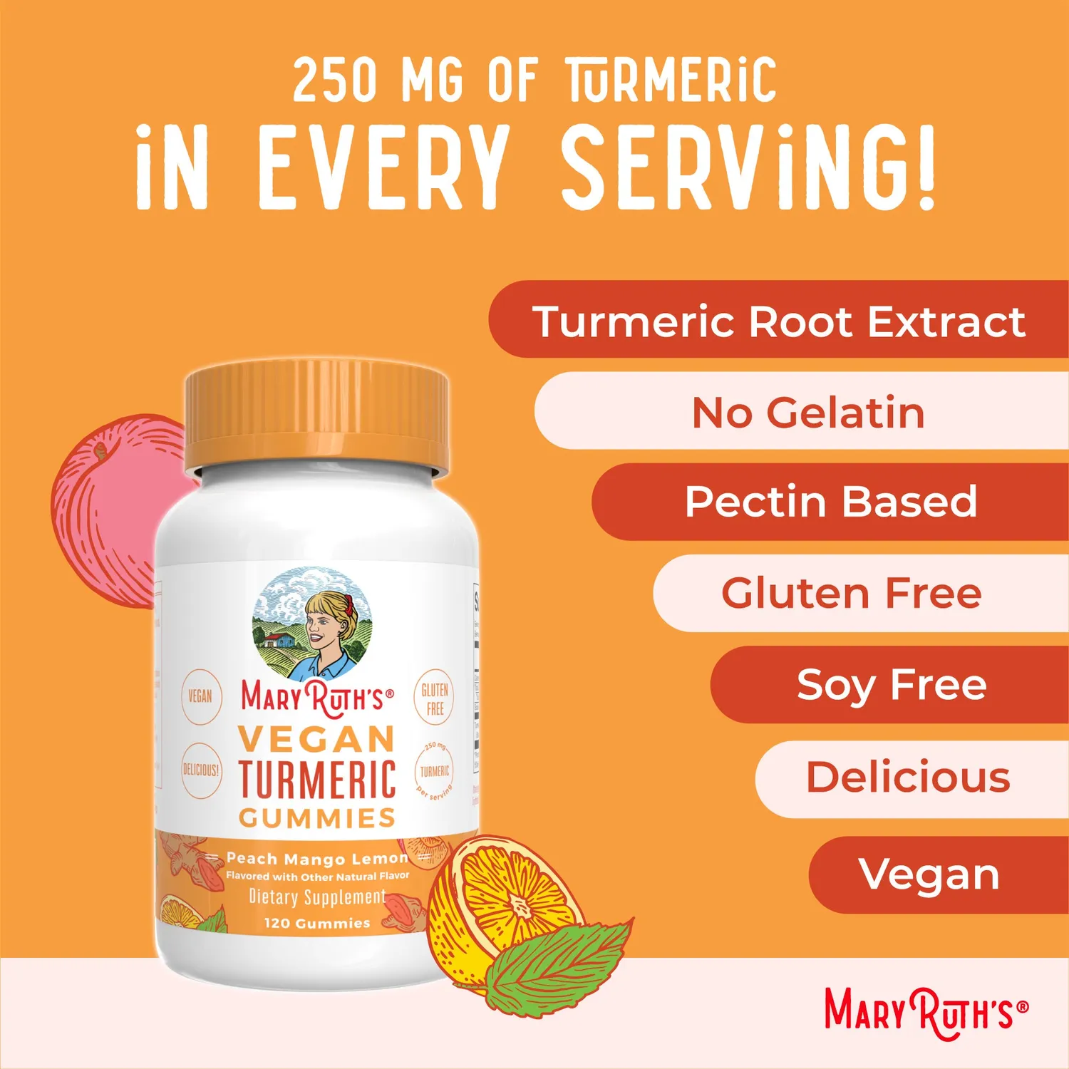 MaryRuth's Turmeric gummies fersken mango 30 porsjoner