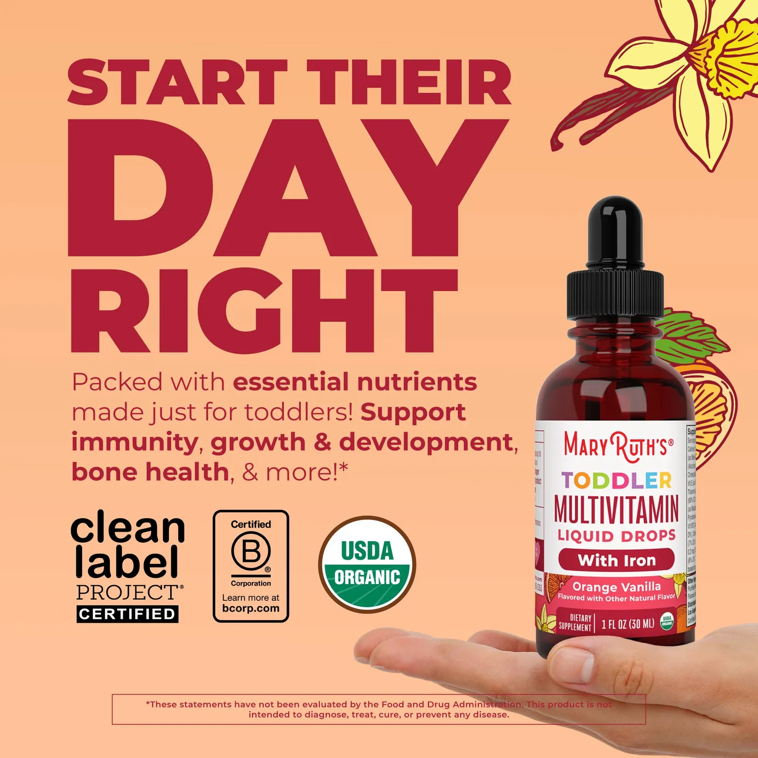 MaryRuth's Organic Toddler Multivitamin Liquid Drops With Iron dråper 2 ml