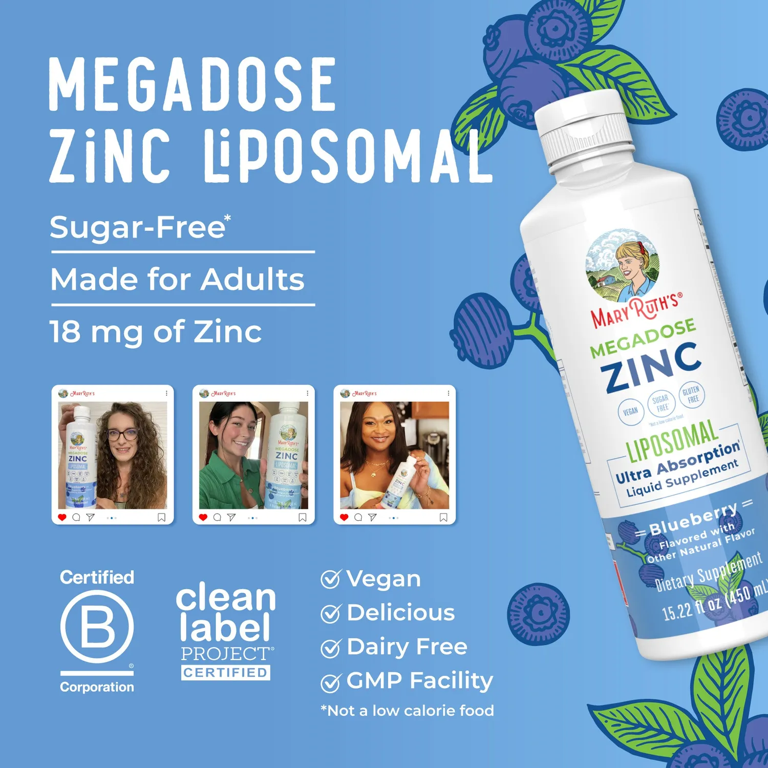 MaryRuth's Megadose Zinc liposomal blåbær 30 doser