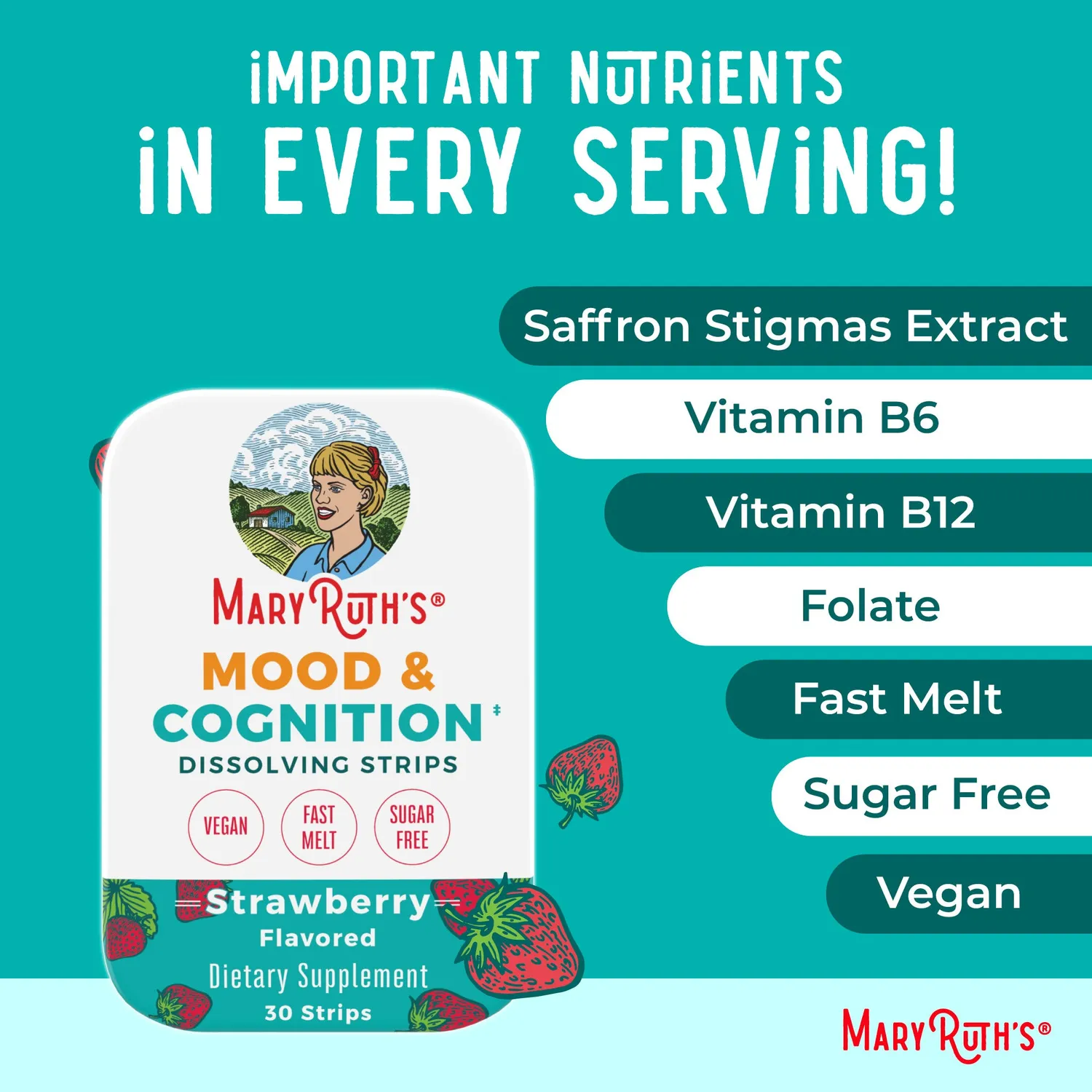 MaryRuth's Mood & Cognition strips jordbær 30 stk