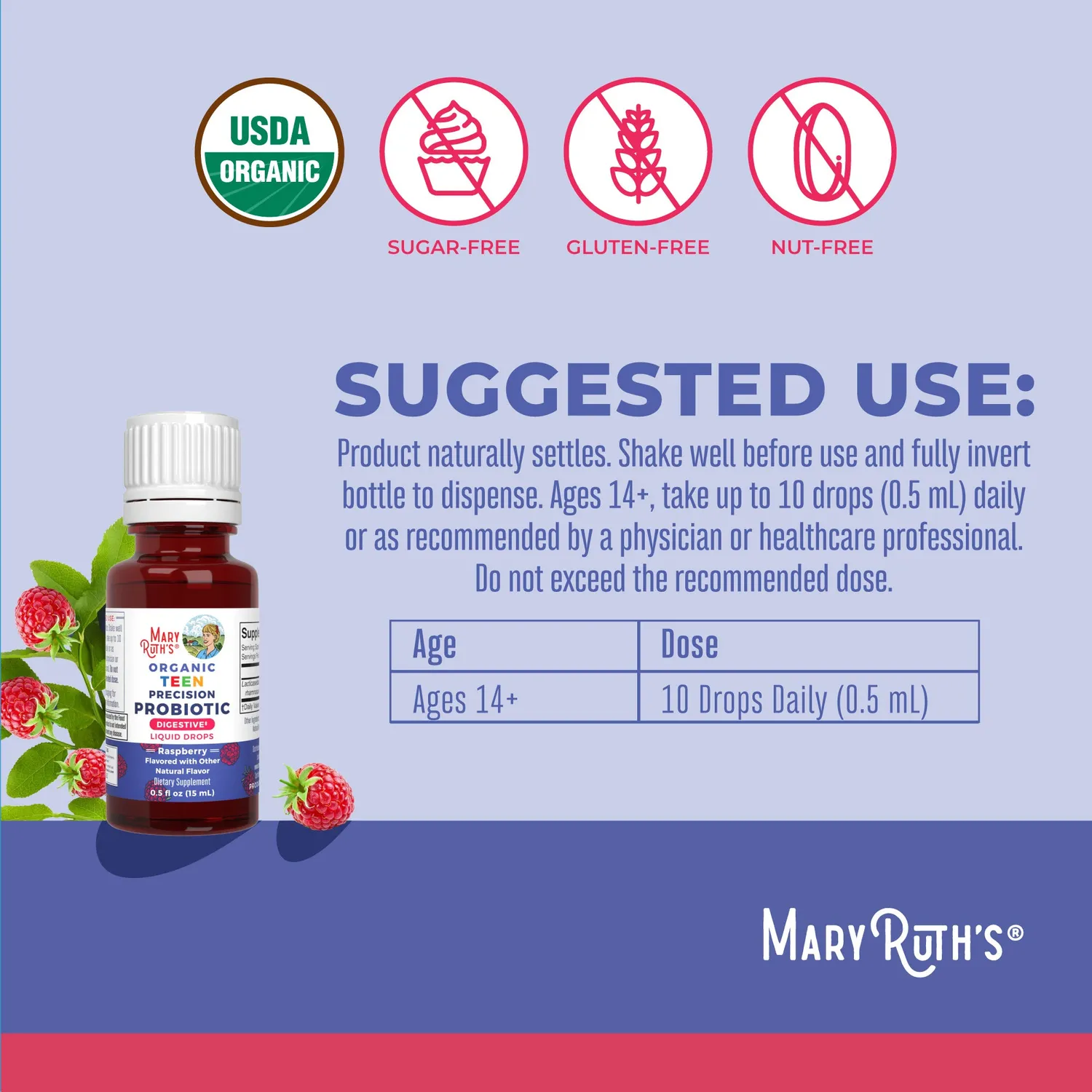 MaryRuth's Teen Precision probiotikadråper bringebær