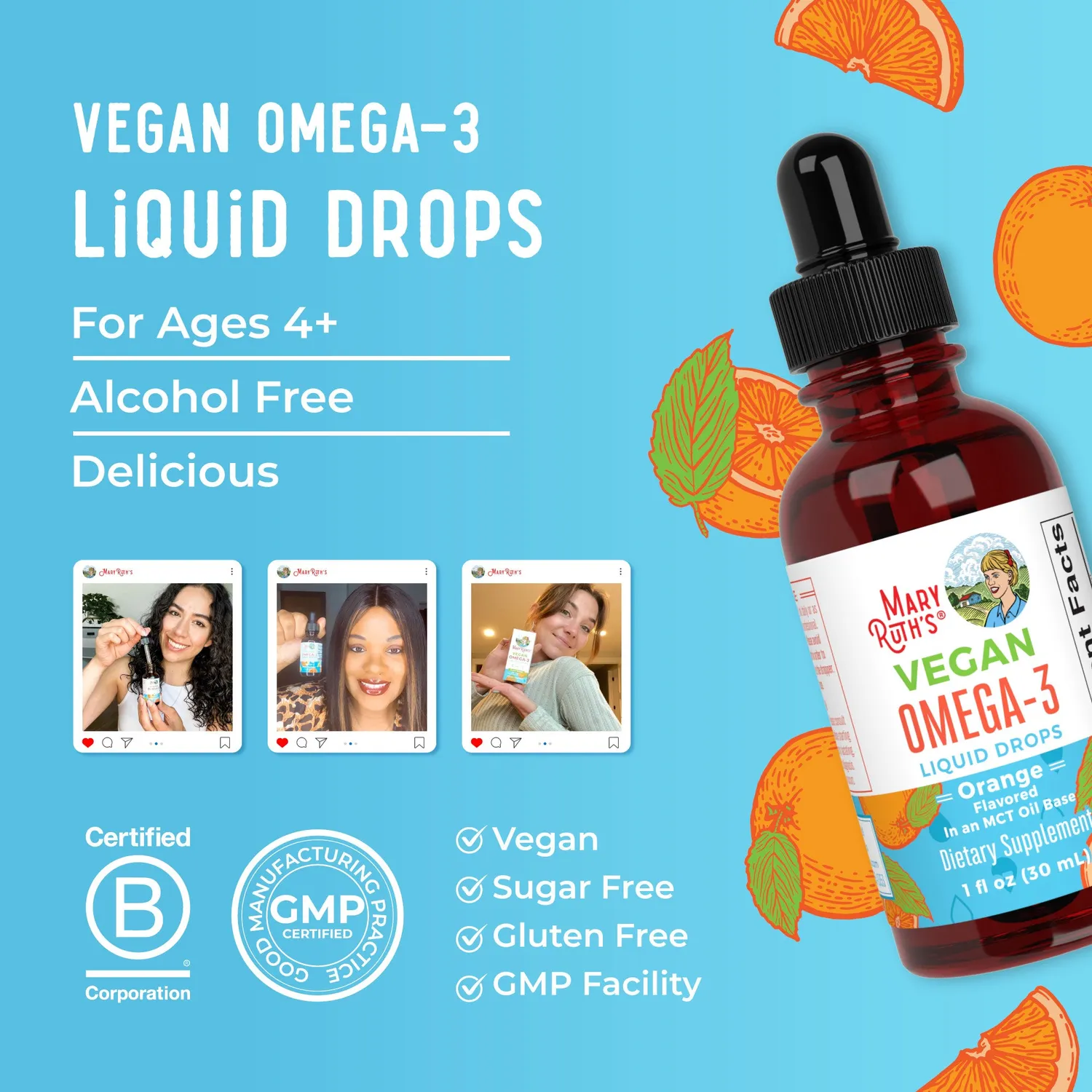 MaryRuth's Omega-3 dråper vegansk appelsin 30 doser