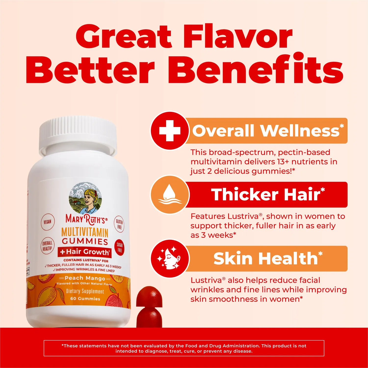 MaryRuth's Multivitamin + Hair Growth gummies fersken mango biotin