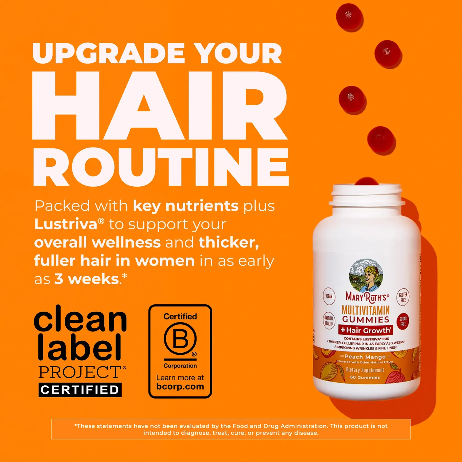 MaryRuth's Multivitamin + Hair Growth gummies fersken mango biotin