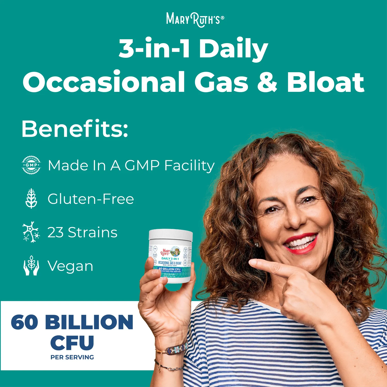 MaryRuth's 3-in-1 Gas & Bloat pulver uten smak 60 mrd
