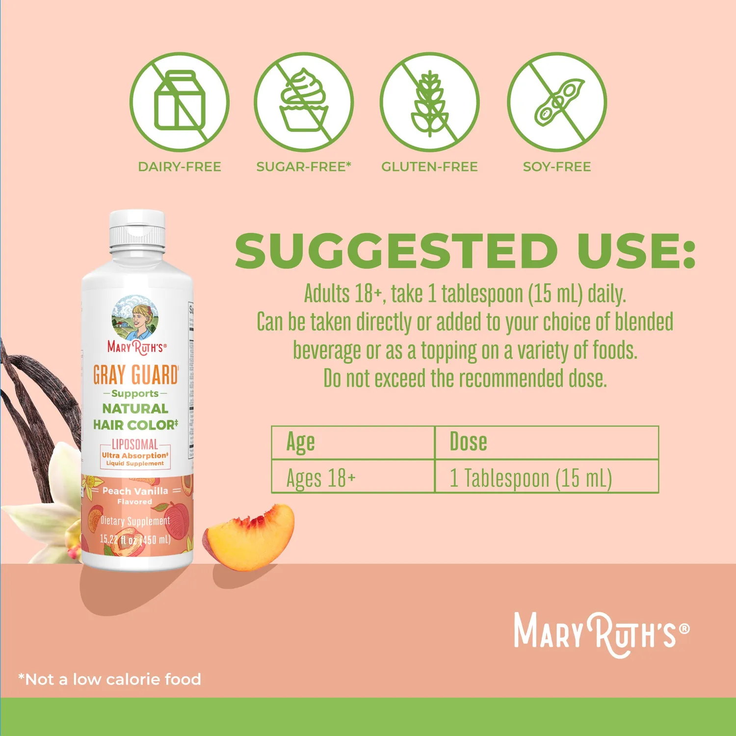 MaryRuth's Gray Guard liposomal hårvæske 450 ml fersken vanilje