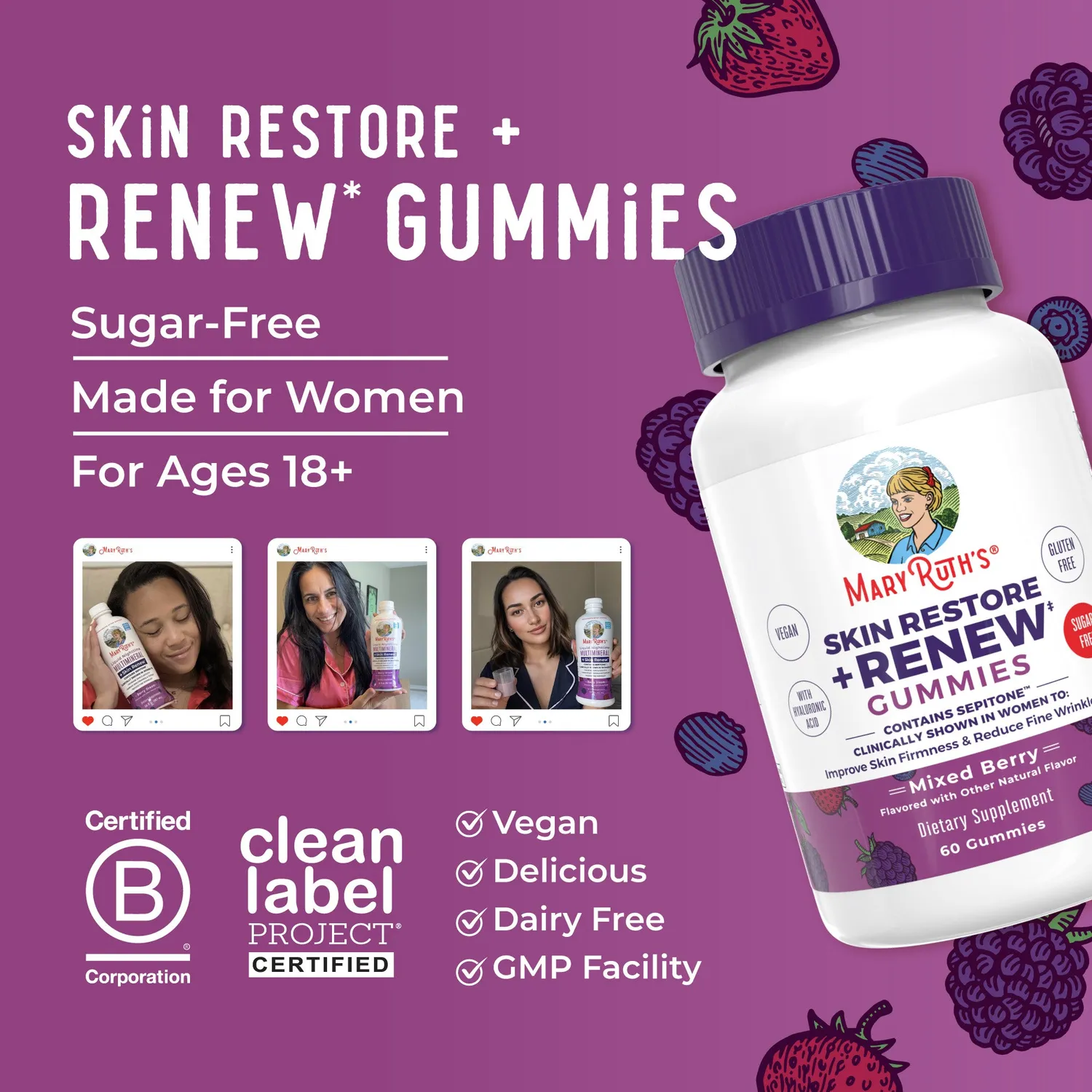 MaryRuth's Skin Restore Renew gummies hud bær hyaluron