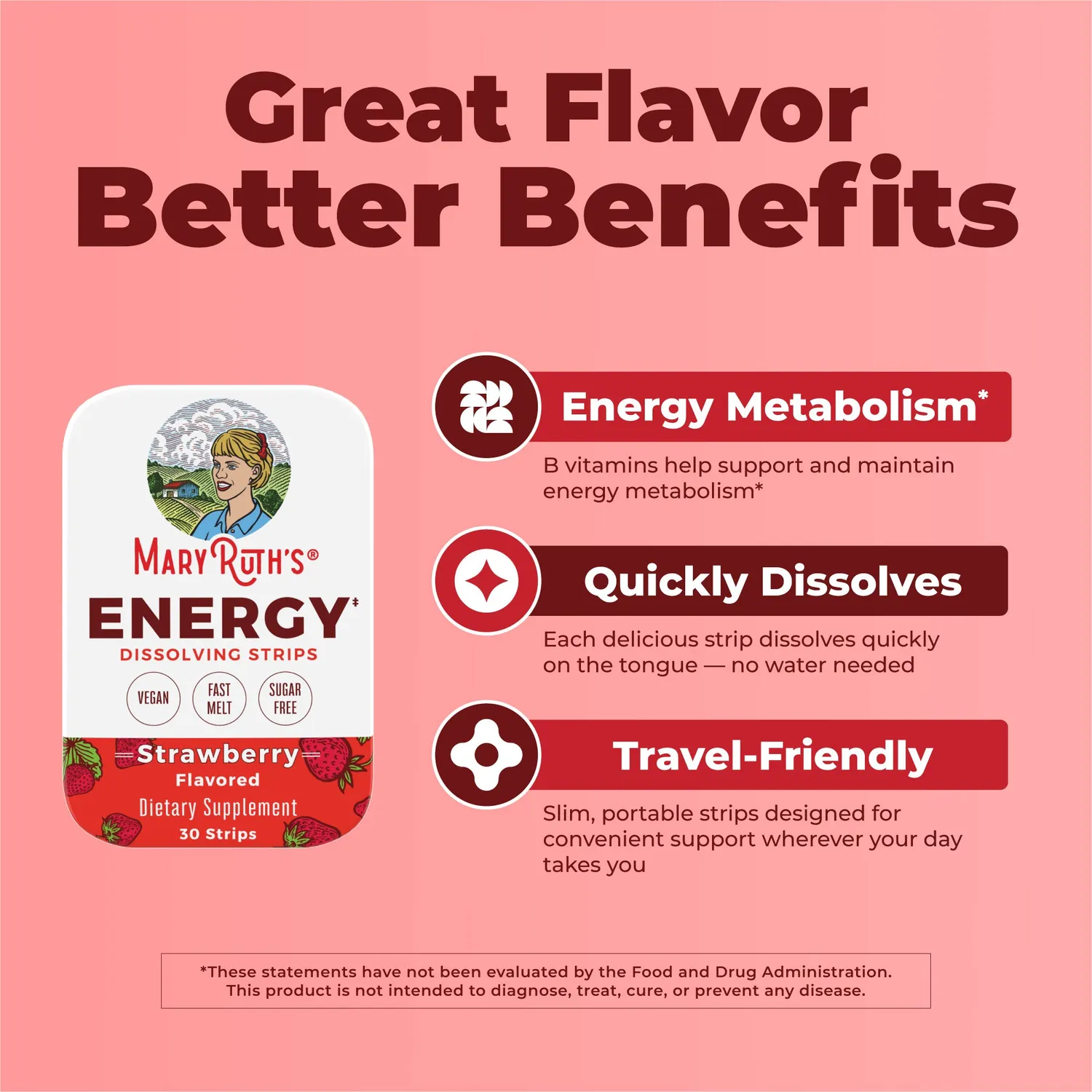MaryRuth's Energy smeltestrips 30 stk jordbær B-vitamin
