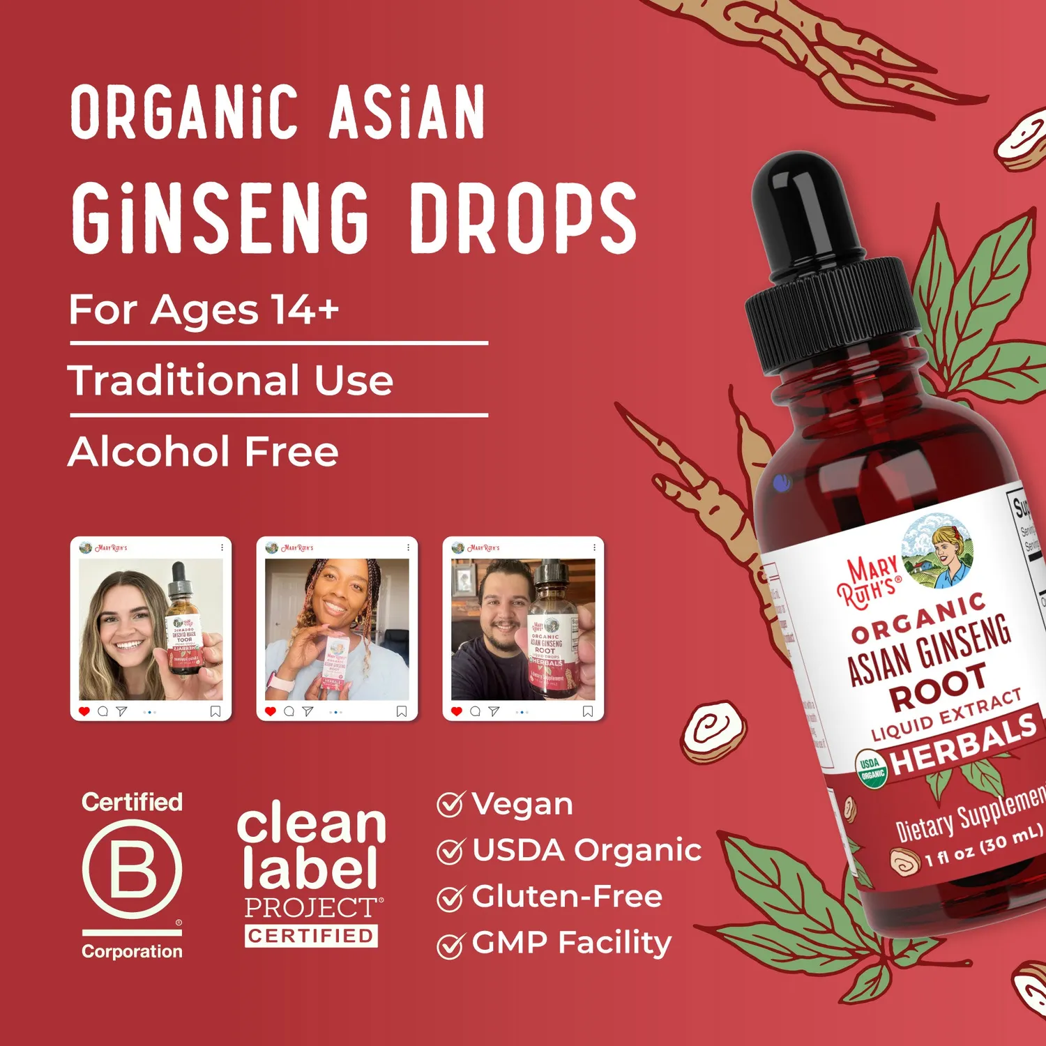 MaryRuth's Asian Ginseng dråper økologisk 30 ml adaptogen