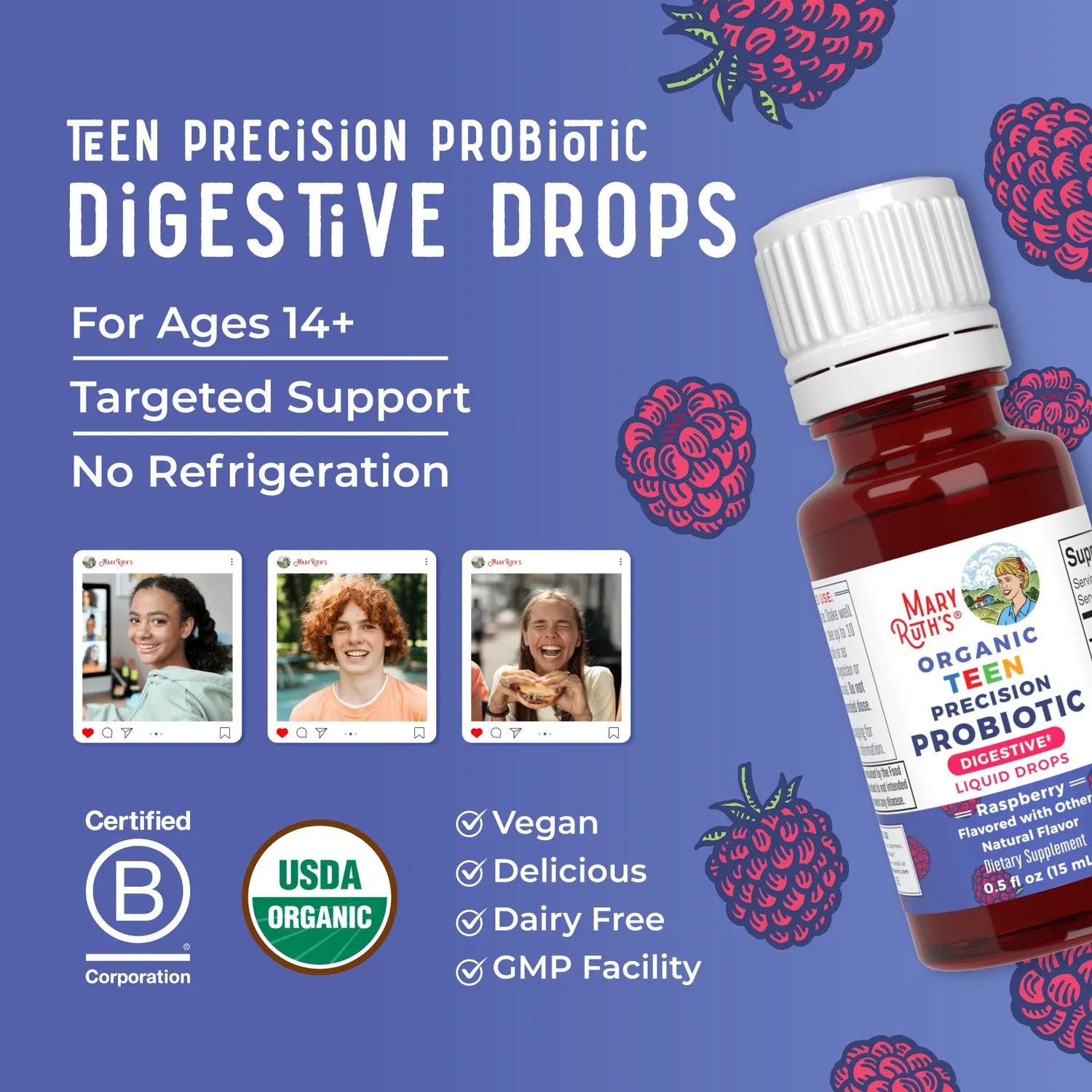 MaryRuth's Teen Precision probiotikadråper bringebær