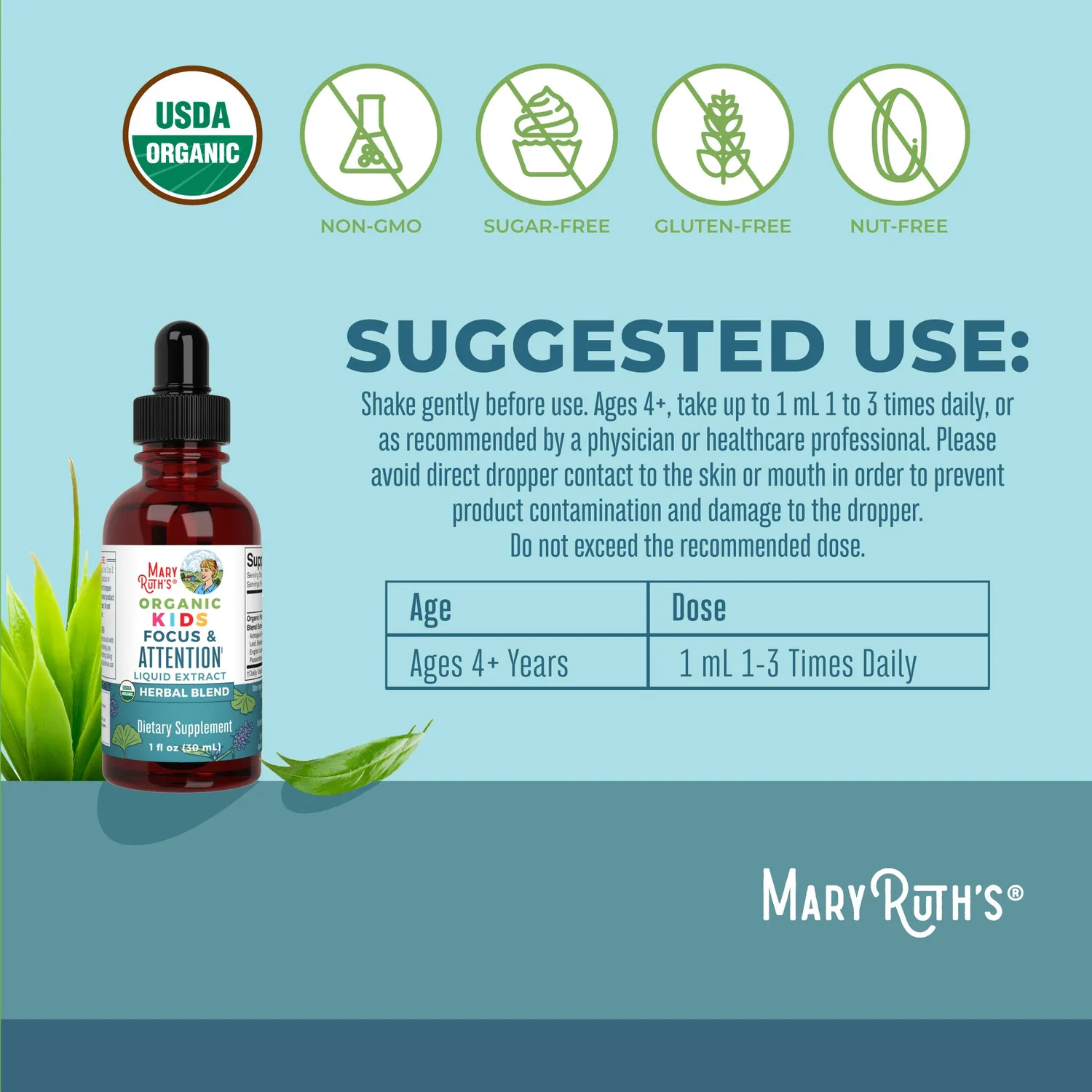 MaryRuth's Kids Focus & Attention urtedråper 30 doser barn