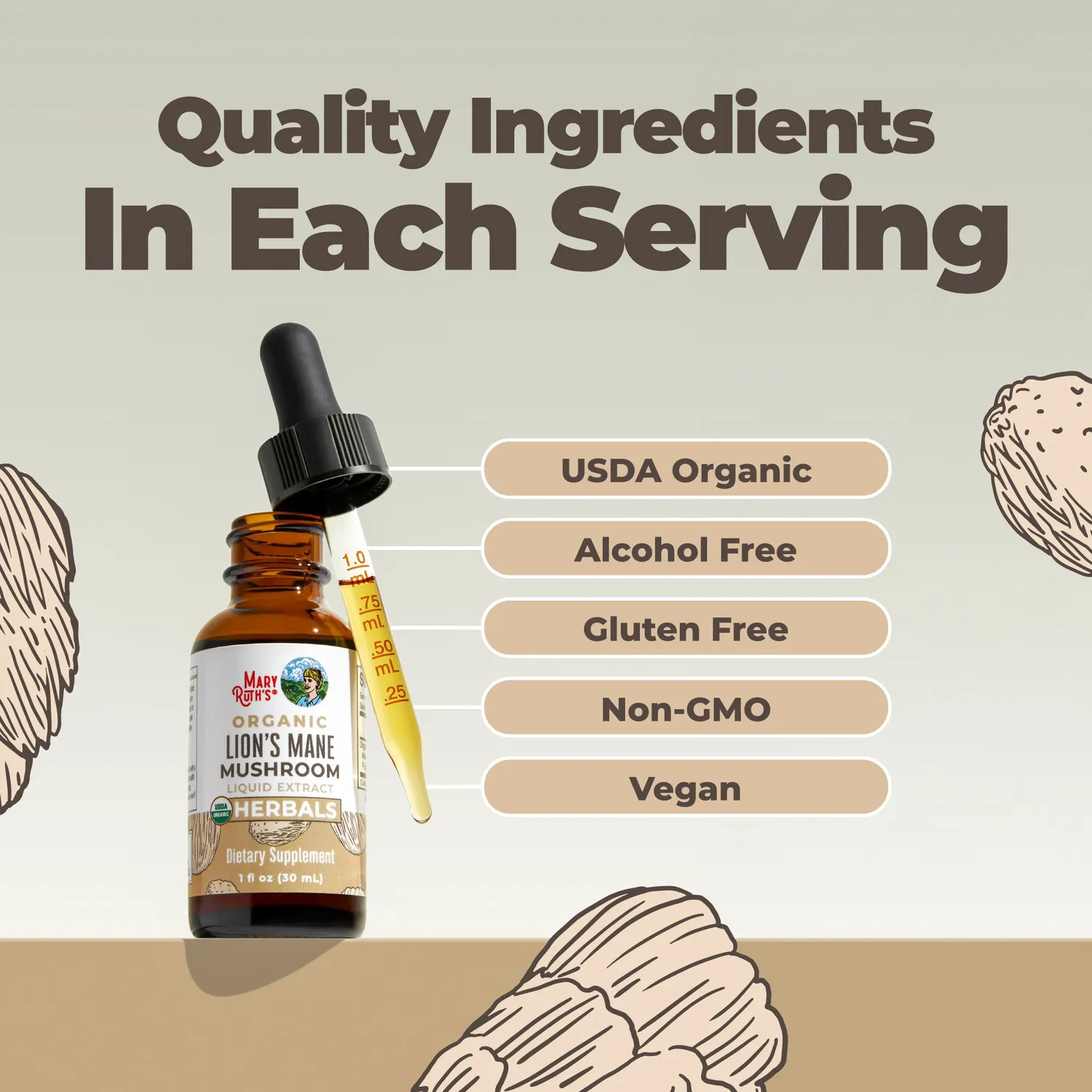 MaryRuth's Organic Lion's Mane Liquid Drops dråper hjernefokus