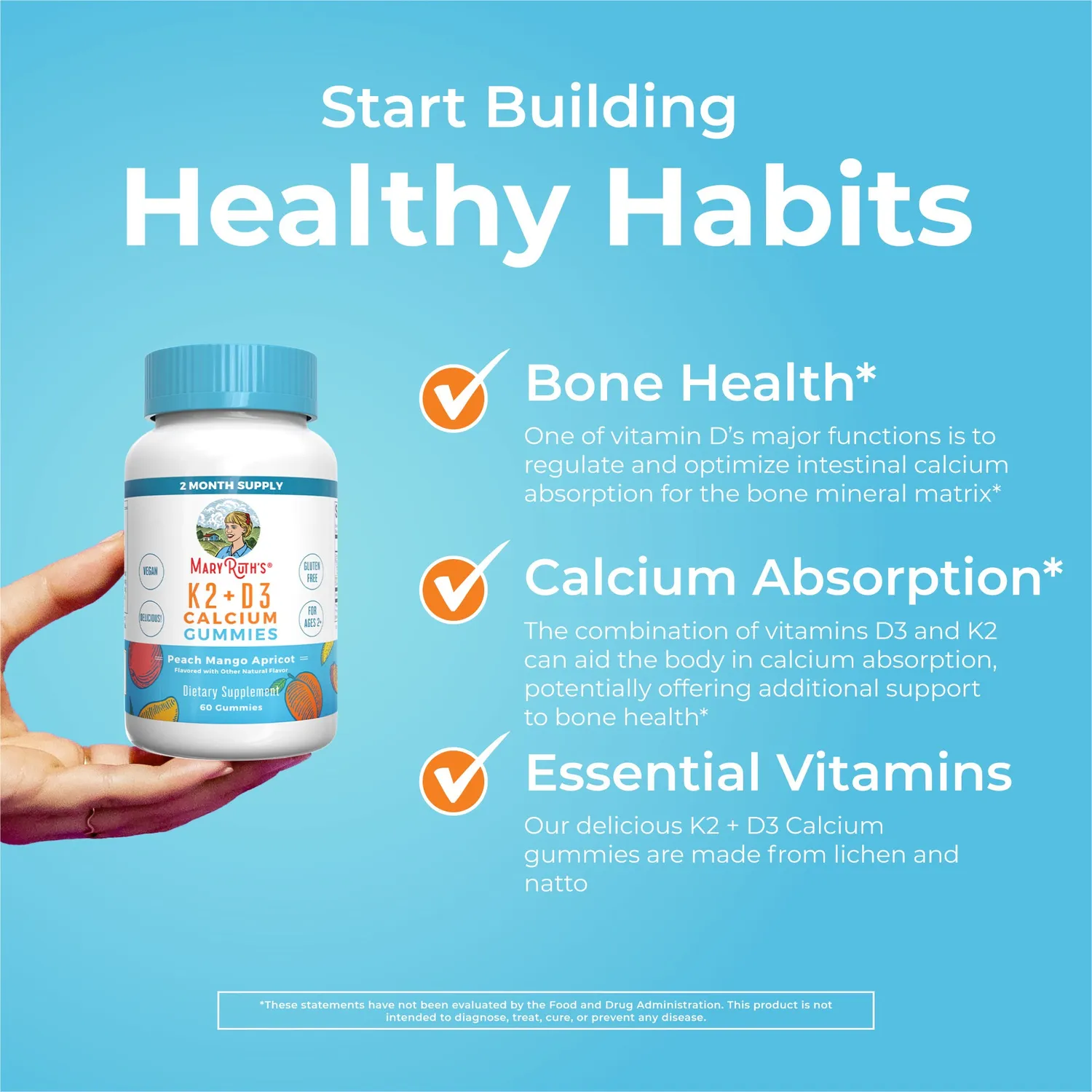MaryRuth's K2+D3 kalsium gummies fersken 60 stk