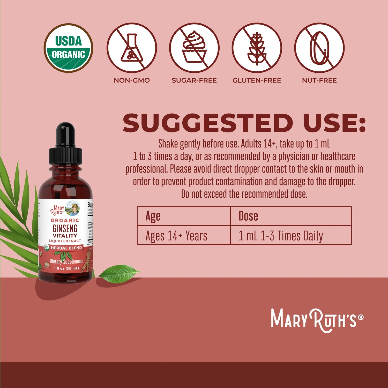 MaryRuth's Ginseng Vitality urtedråper 30 doser adaptogen