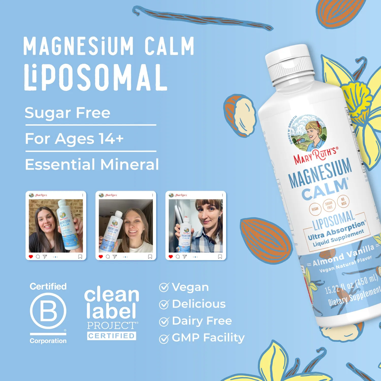 MaryRuth's Magnesium Calm liposomal mandel-vanilje