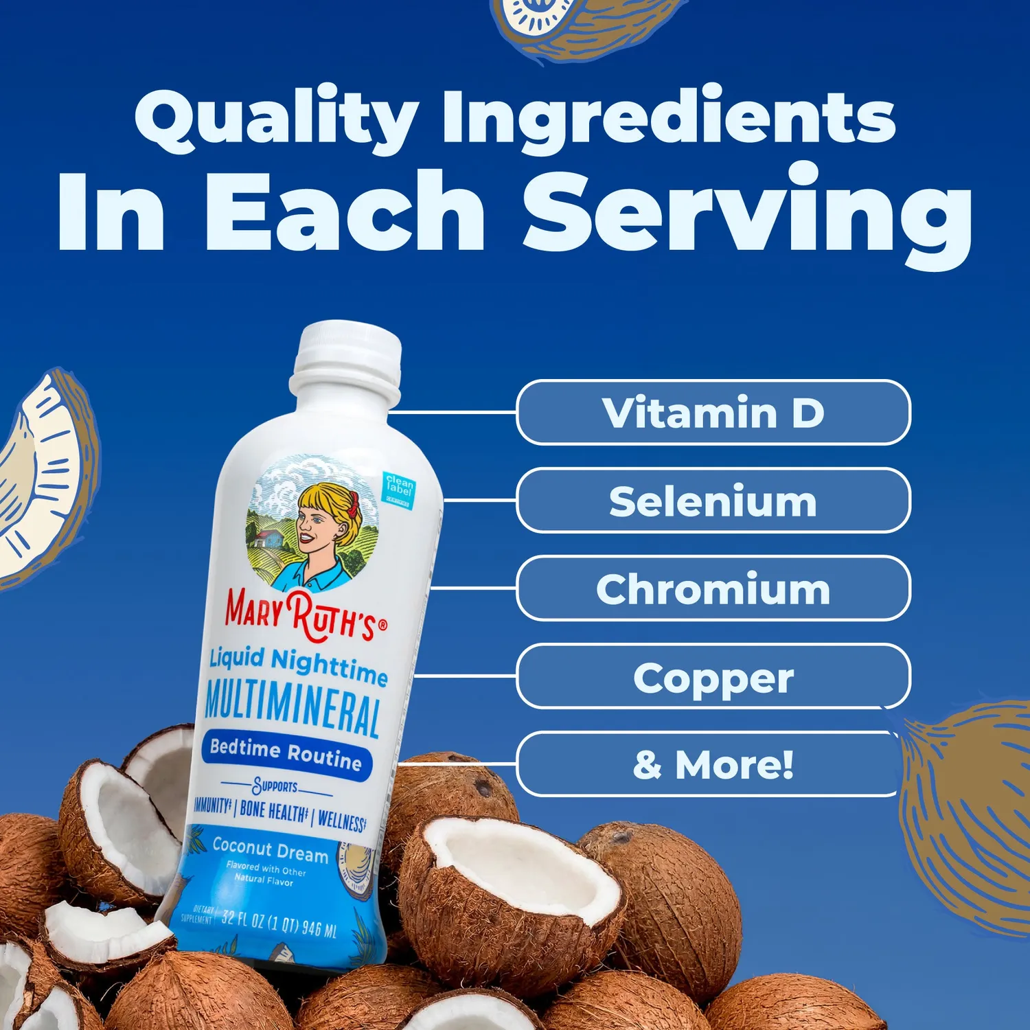 MaryRuth's Liquid Nighttime Multimineral flytende kokos uten melatonin