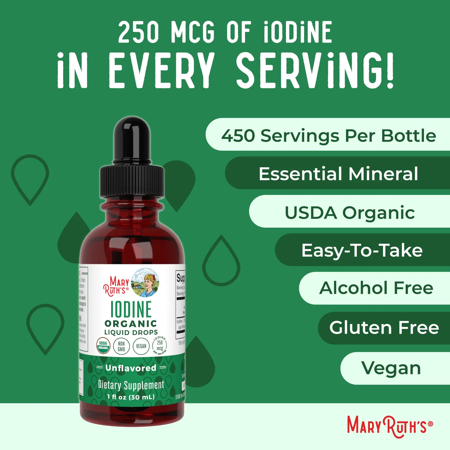 MaryRuth's Iodine Liquid Drops jod 450 doser 2 dråper