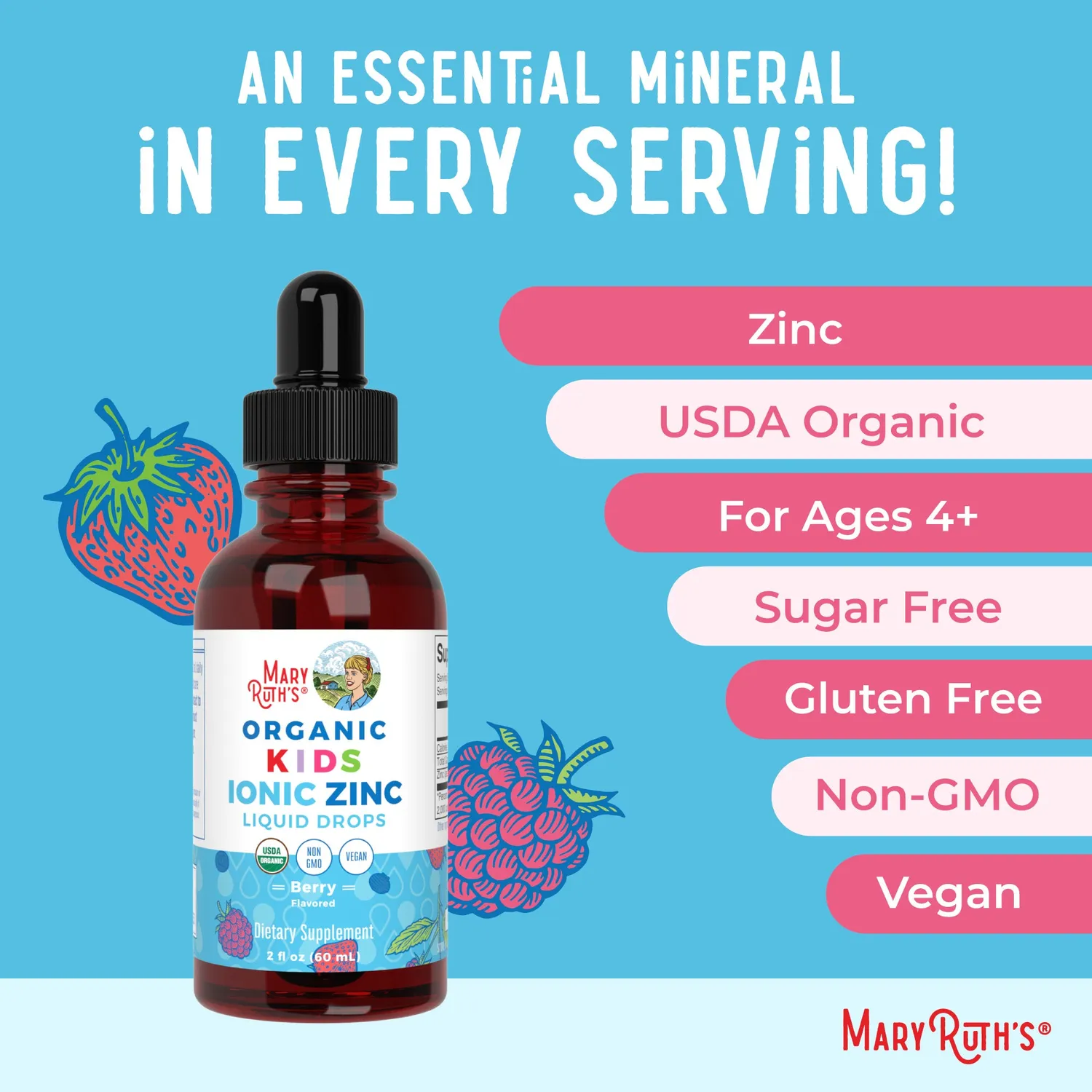 MaryRuth's Organic Kids Ionic Zinc dråper bær 30 doser