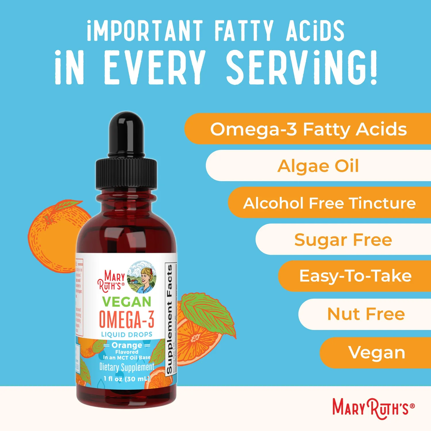 MaryRuth's Omega-3 dråper vegansk appelsin 30 doser