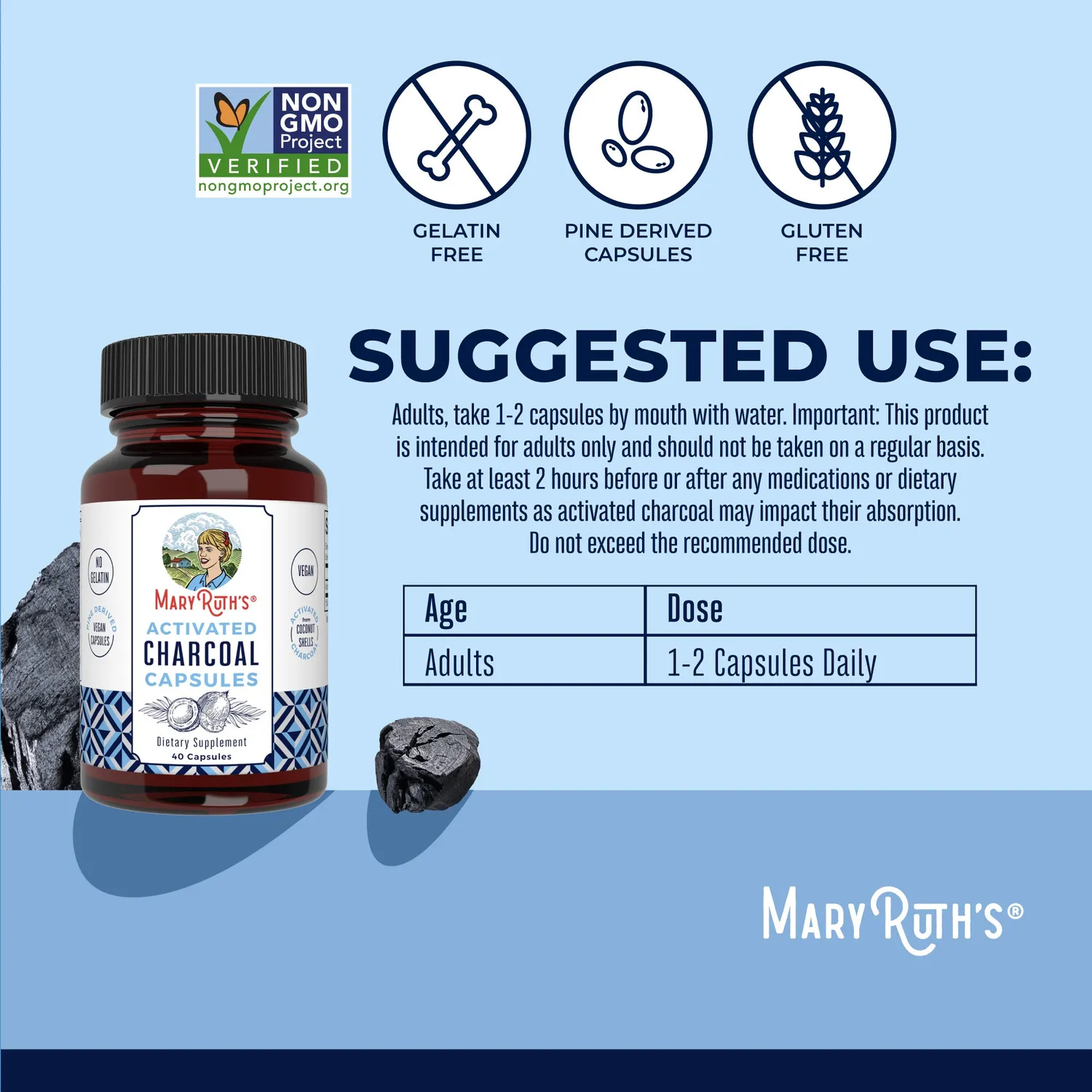 MaryRuth's Activated Charcoal kapsler kokos 20–40 doser