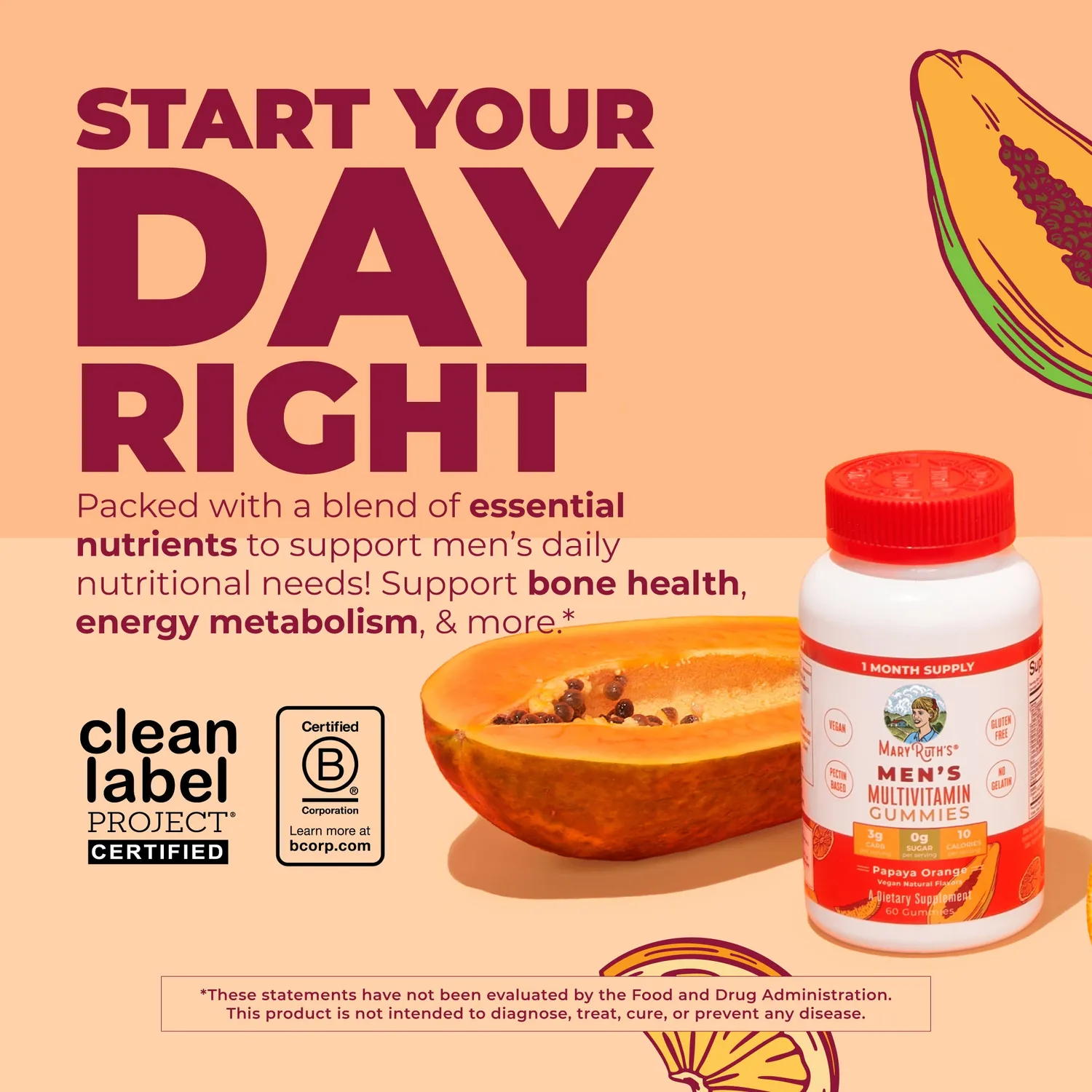 MaryRuth's Men's Multivitamin gummies papaya appelsin