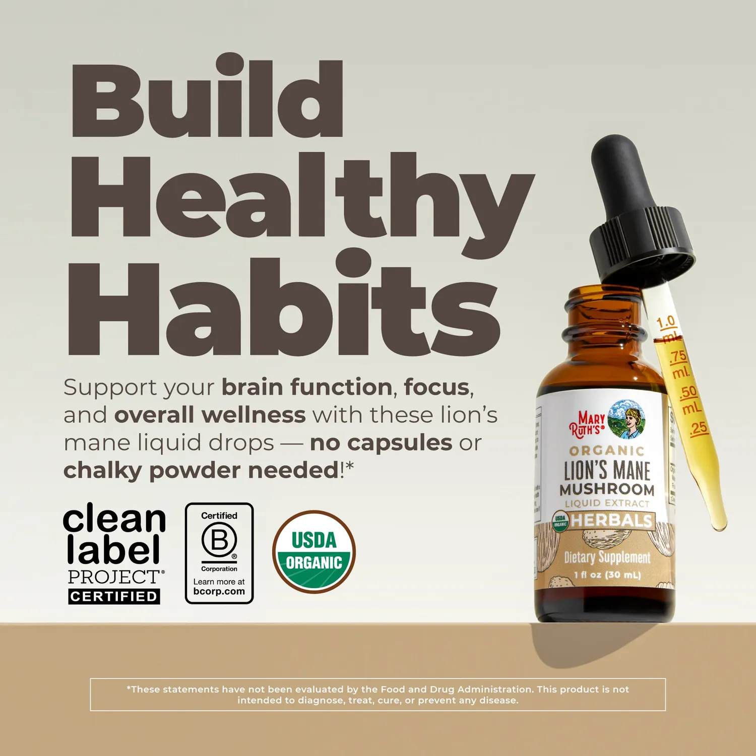 MaryRuth's Organic Lion's Mane Liquid Drops dråper hjernefokus