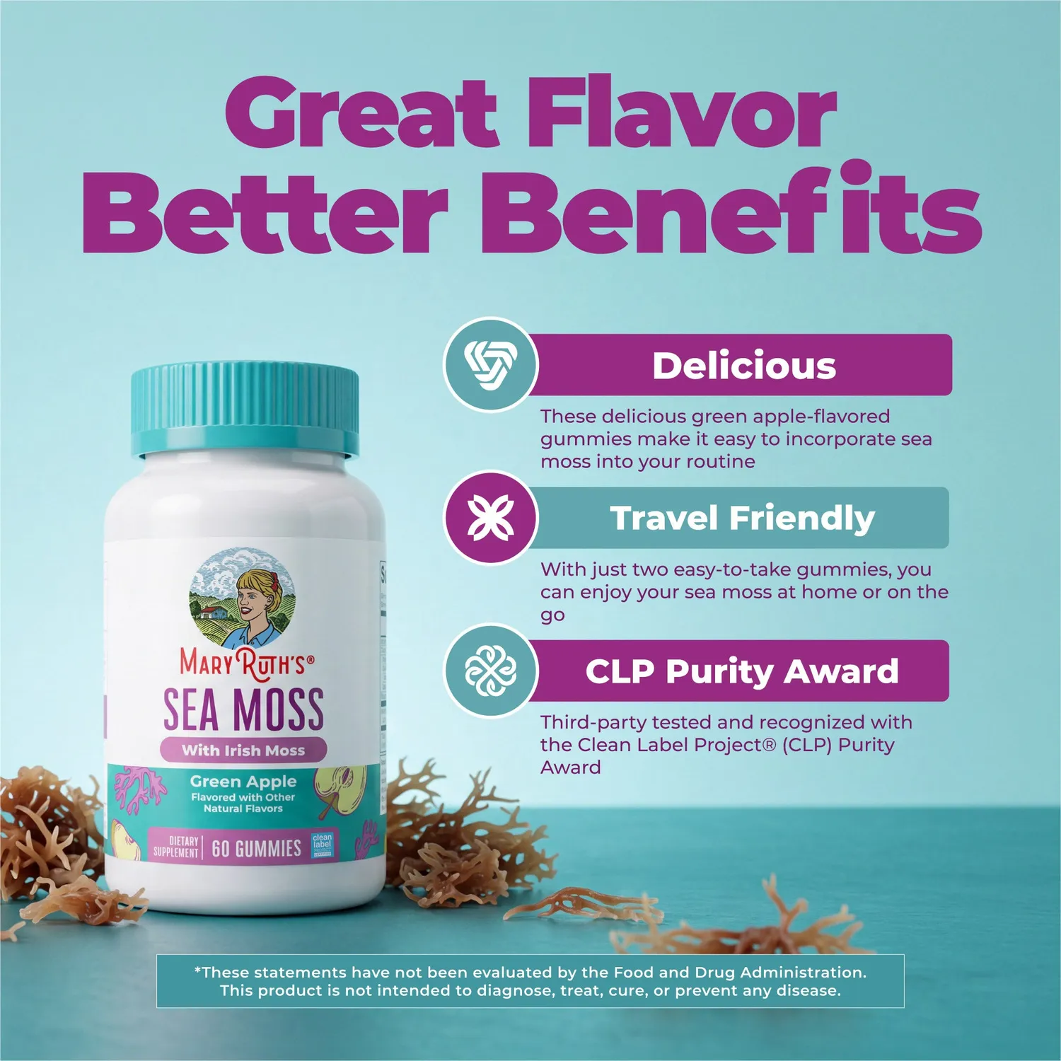 MaryRuth's Sea Moss gummies 60 stk grønt eple