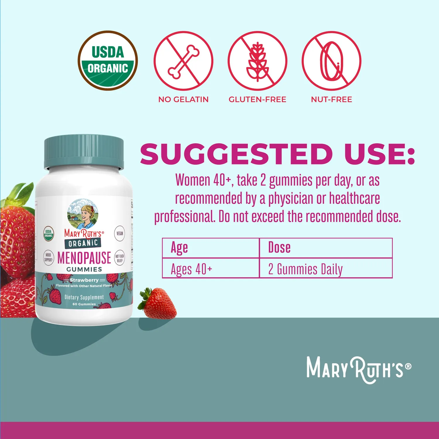 MaryRuth's Organic Menopause gummier jordbær for overgangsalder