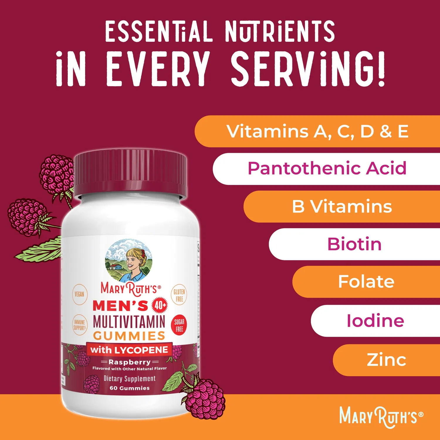 MaryRuth's Men's 40+ Multivitamin gummier bringebær prostata