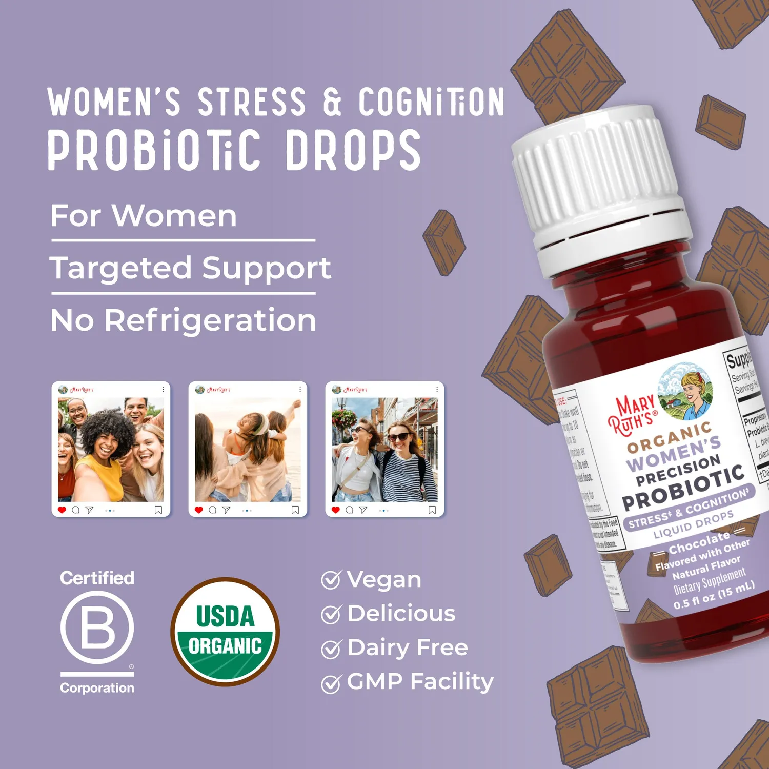 MaryRuth's Women's Precision Probiotika dråper sjokolade stress
