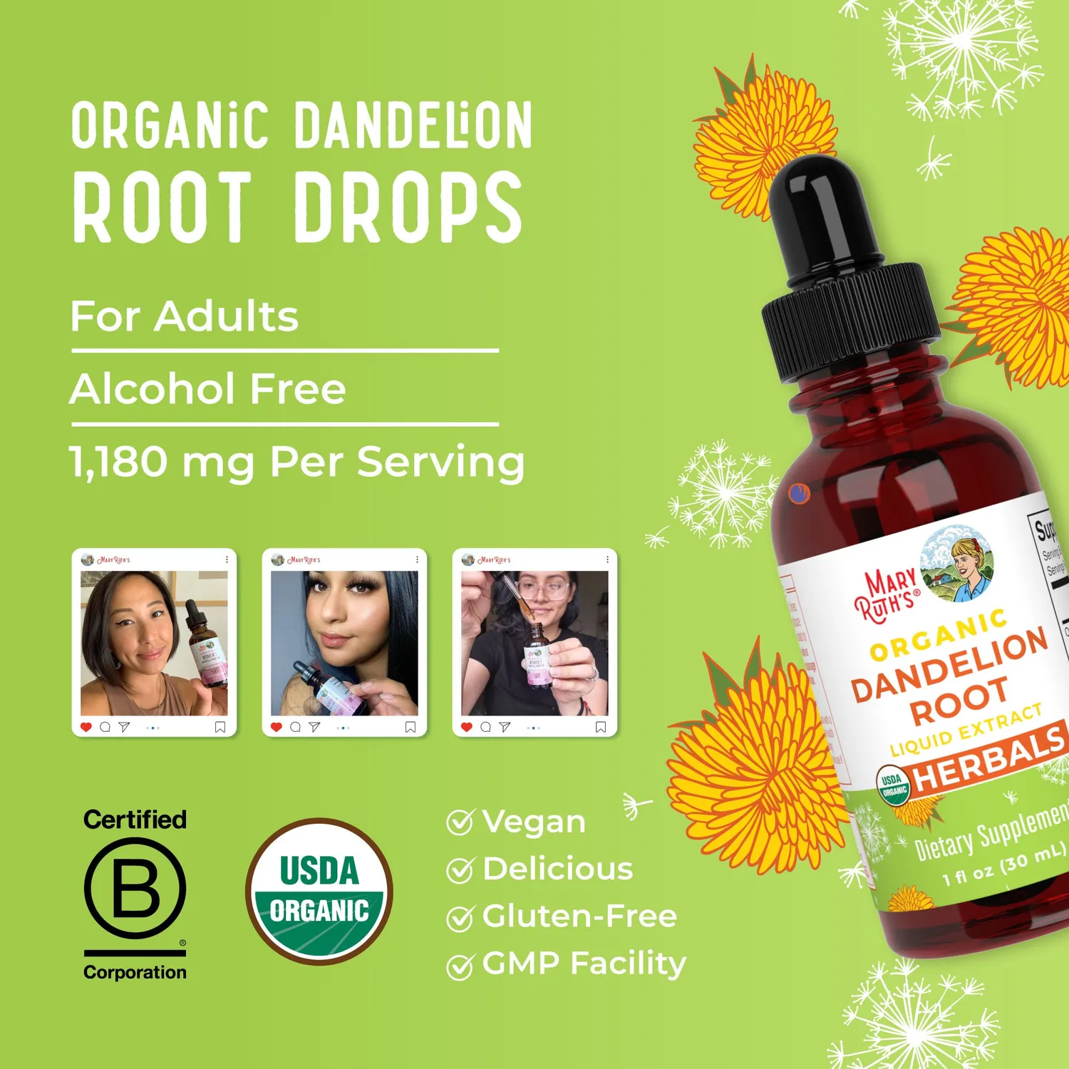 MaryRuth's Organic Dandelion Root Liquid Extract dråper alkoholfri
