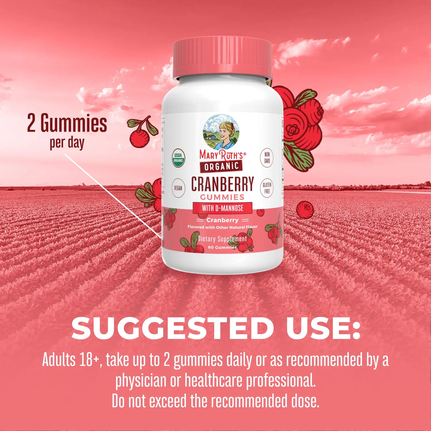 MaryRuth's Cranberry tranebær vingummi D-mannose