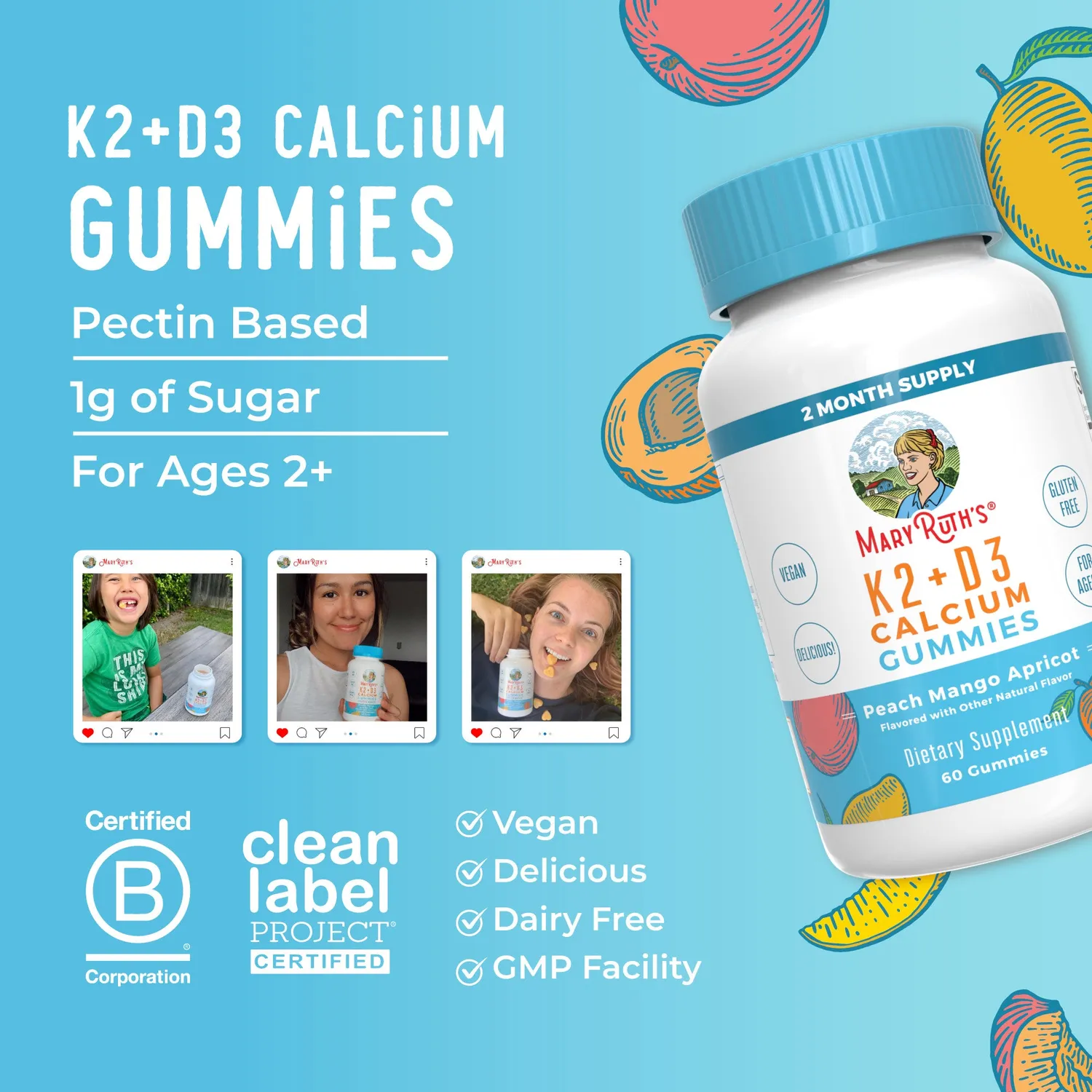 MaryRuth's K2+D3 kalsium gummies fersken 60 stk