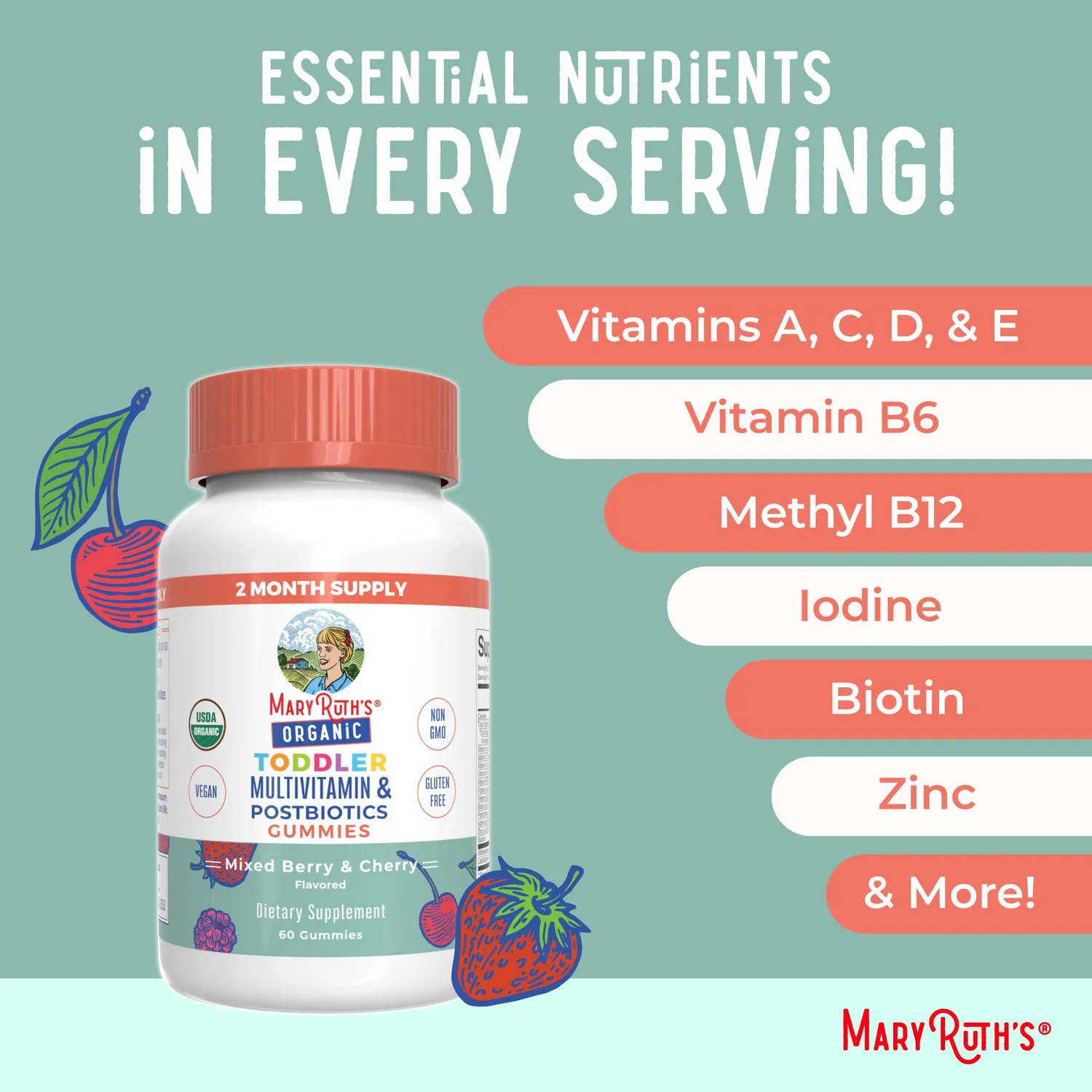 MaryRuth's Organic Toddler Multivitamin + Postbiotics gummies bær