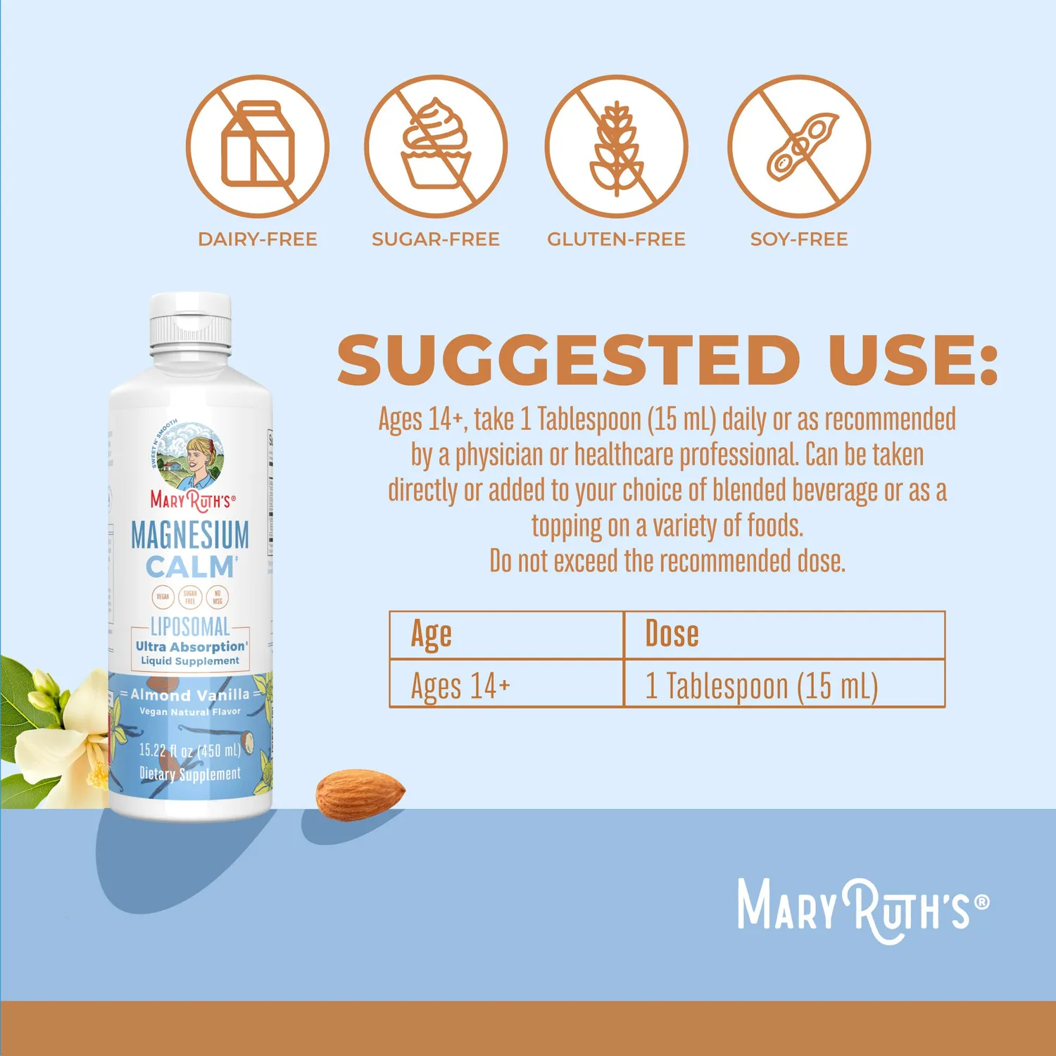MaryRuth's Magnesium Calm liposomal mandel-vanilje
