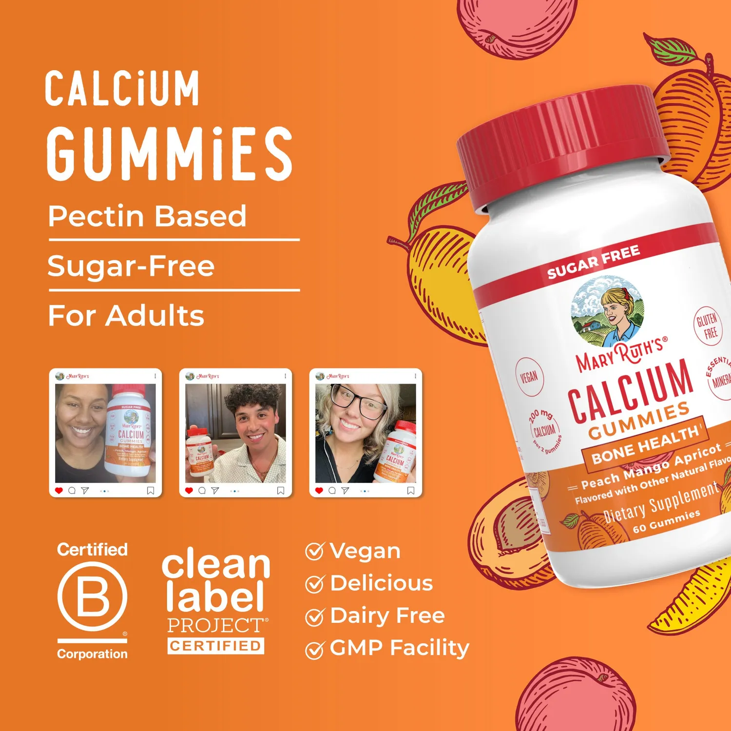MaryRuth's Calcium gummies fersken mango aprikos sukkerfri