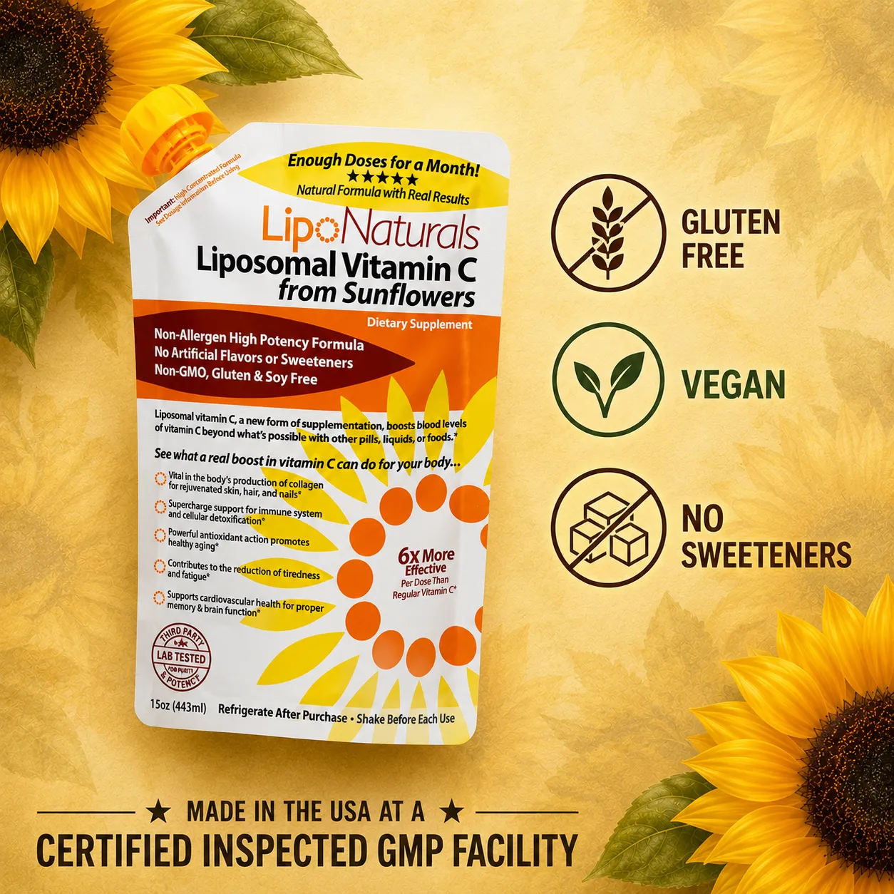 LipoNaturals Liposomal Vitamin C flytende 15oz 30 doser solsikke