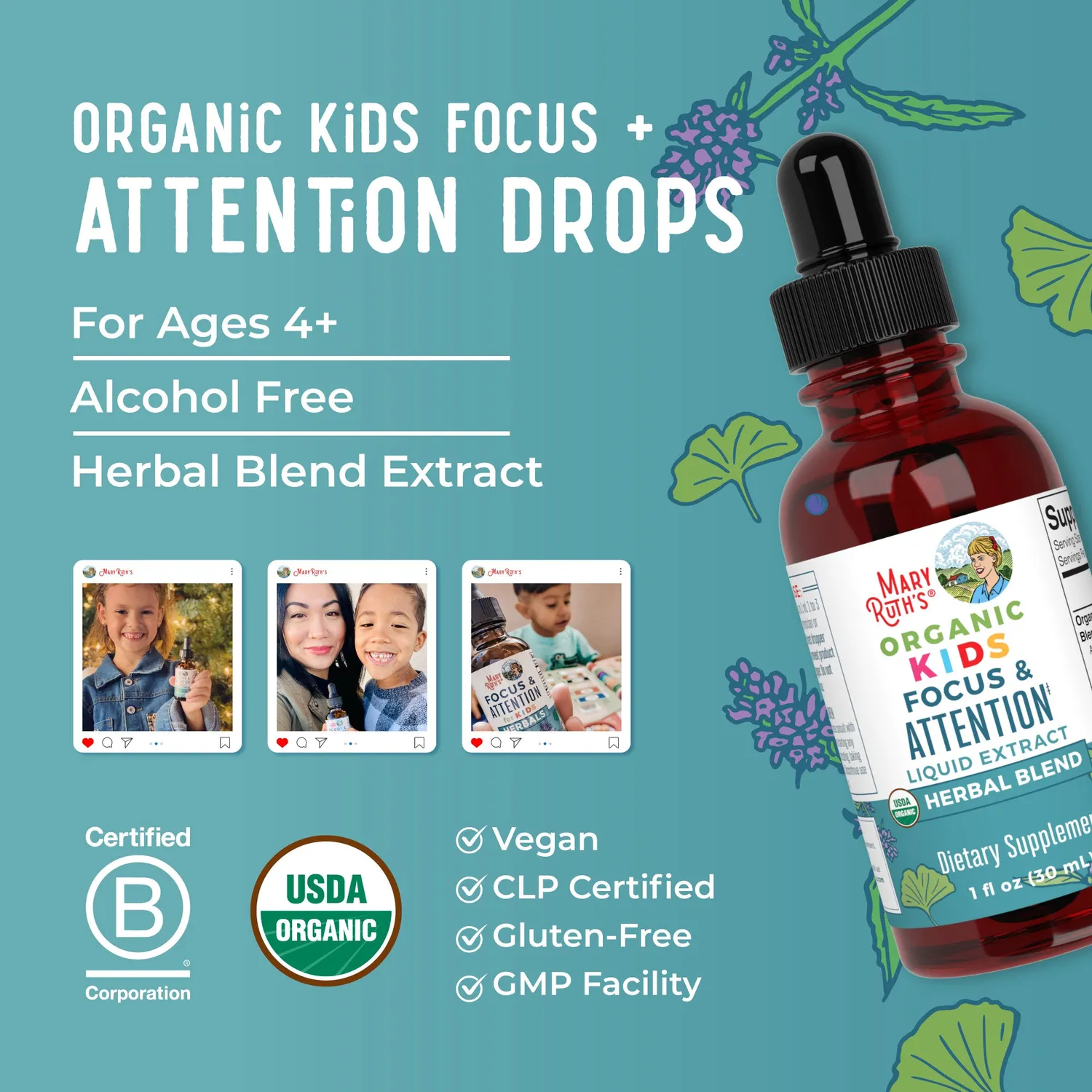 MaryRuth's Kids Focus & Attention urtedråper 30 doser barn