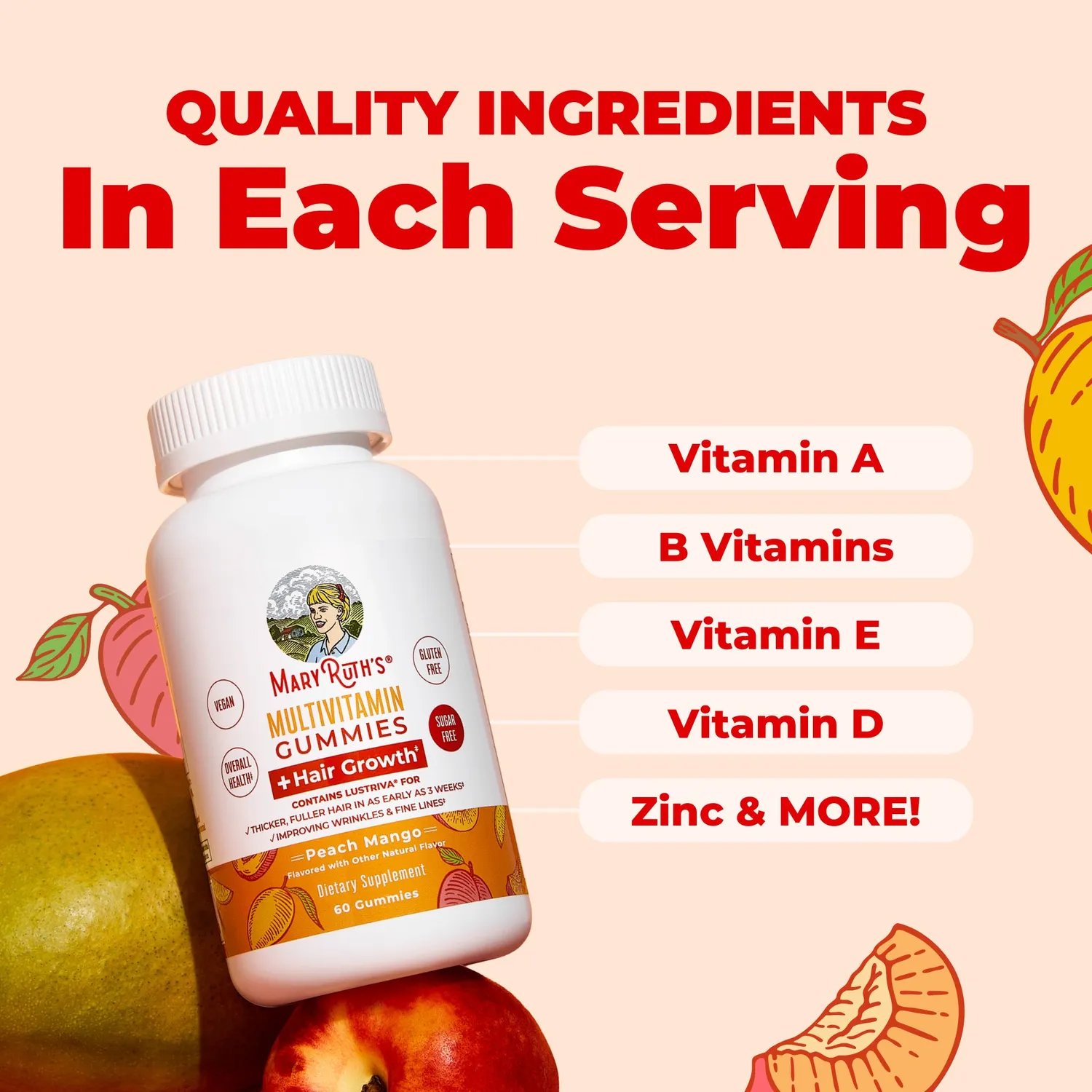 MaryRuth's Multivitamin + Hair Growth gummies fersken mango biotin