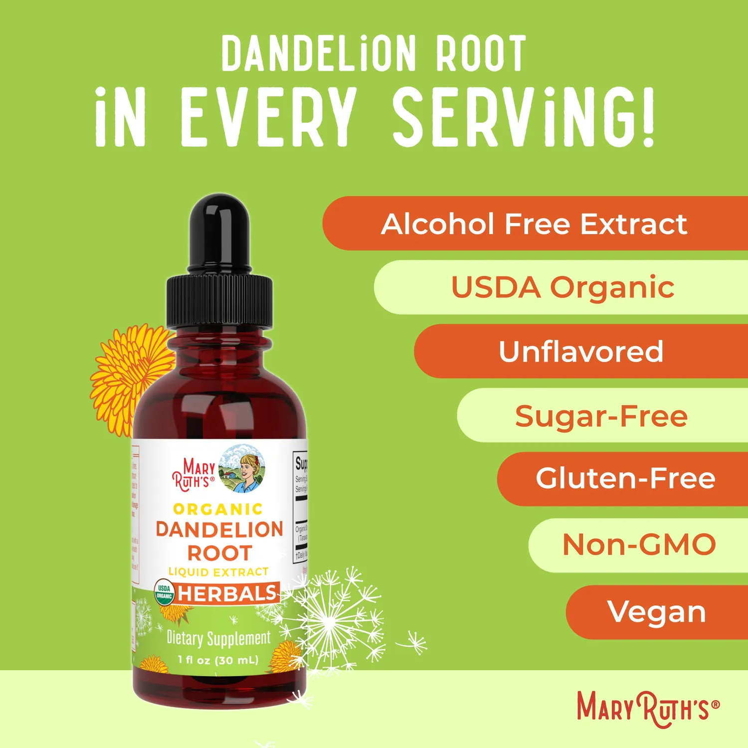 MaryRuth's Organic Dandelion Root Liquid Extract dråper alkoholfri