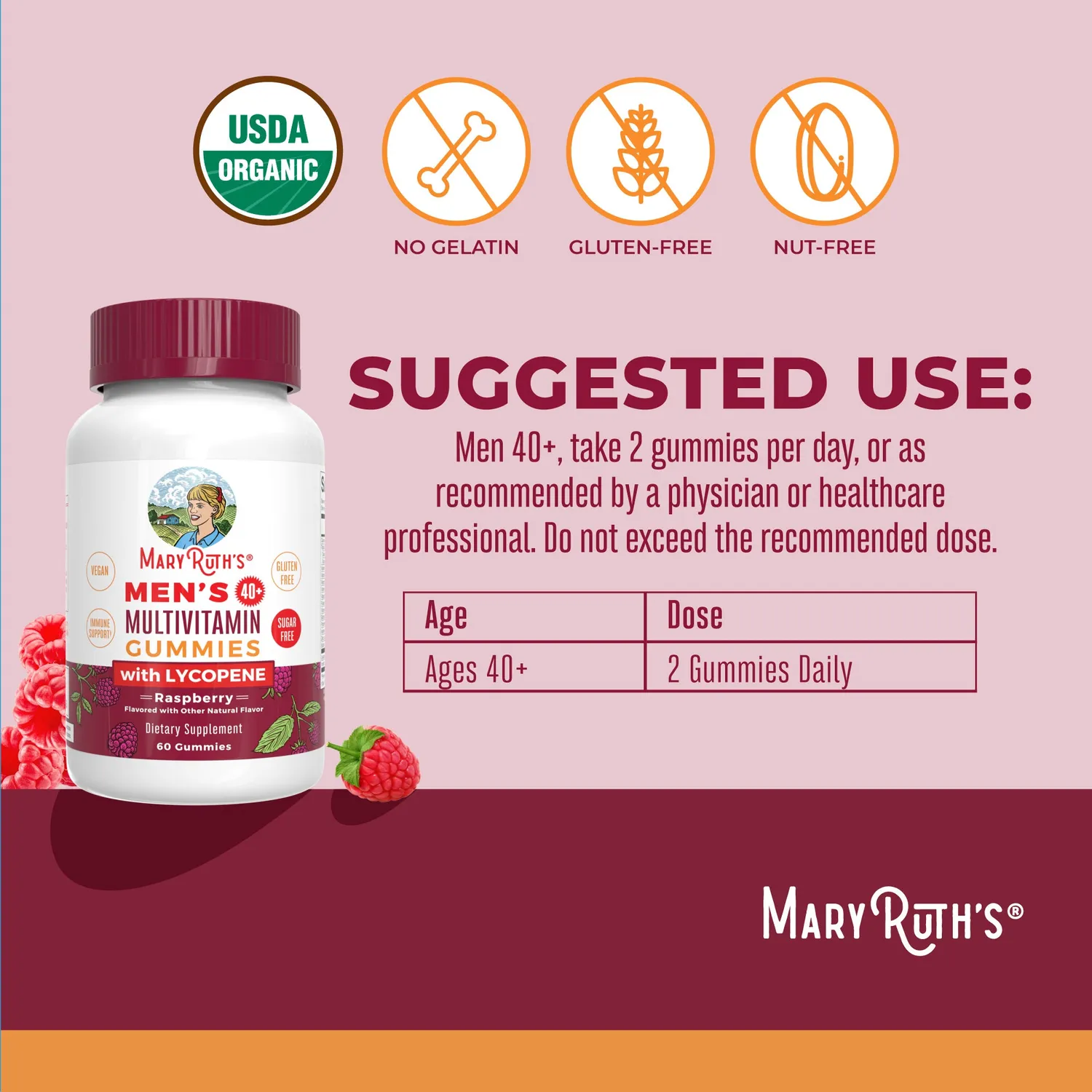 MaryRuth's Men's 40+ Multivitamin gummier bringebær prostata